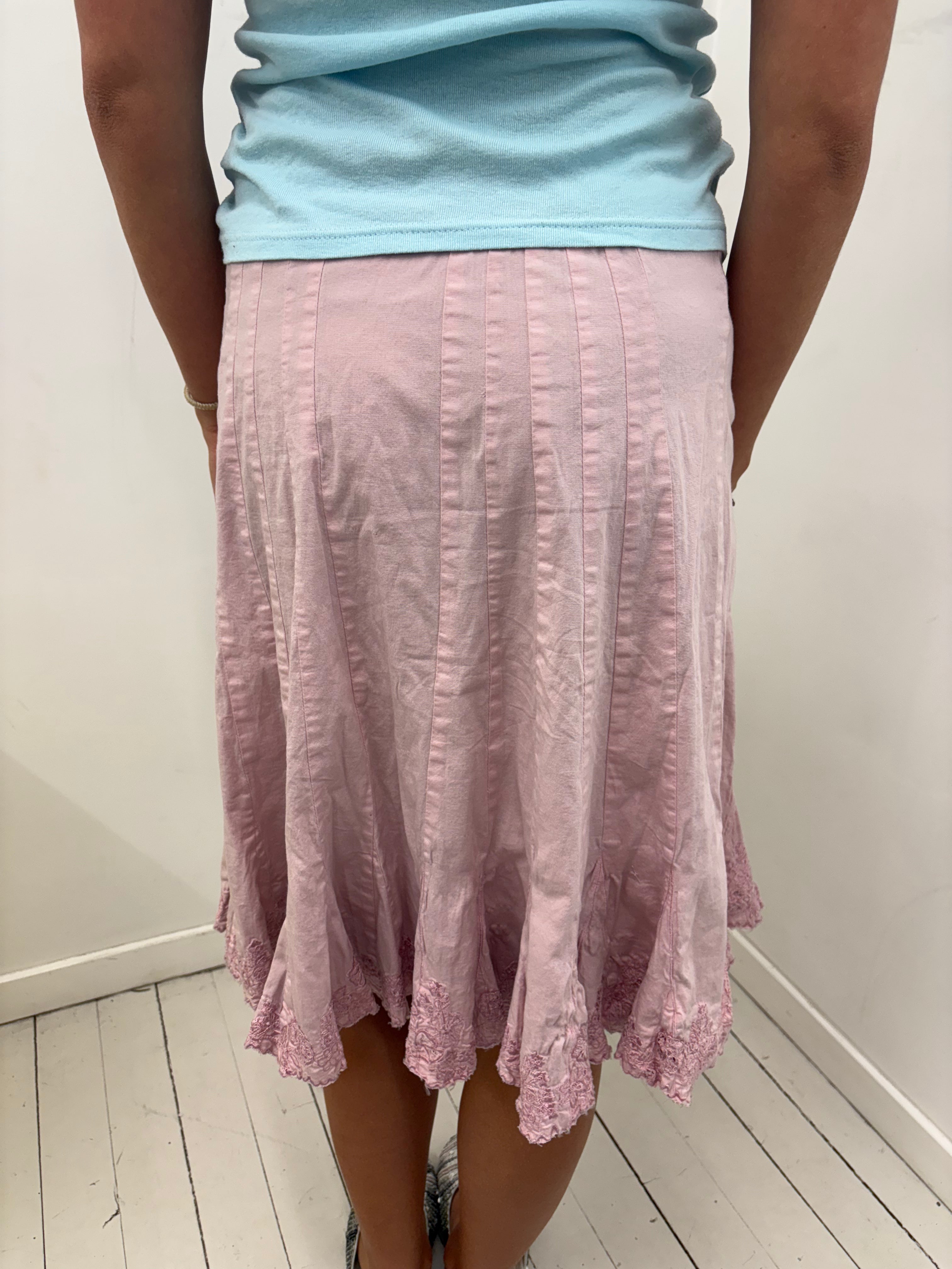 Dusty Pink Pintuck Satin Midi Skirt With Lace Hem