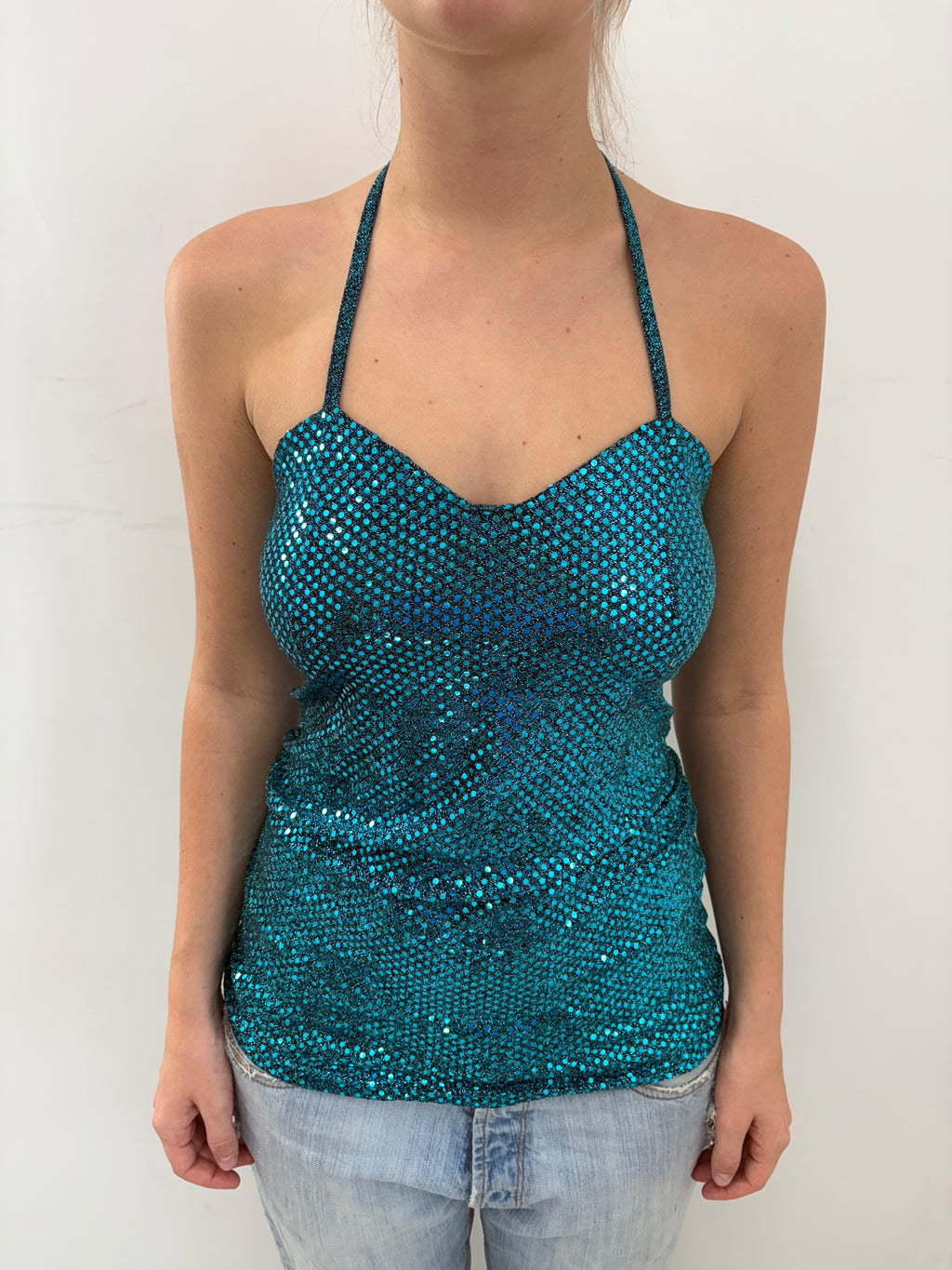 Teal Sequin Halter Party Top