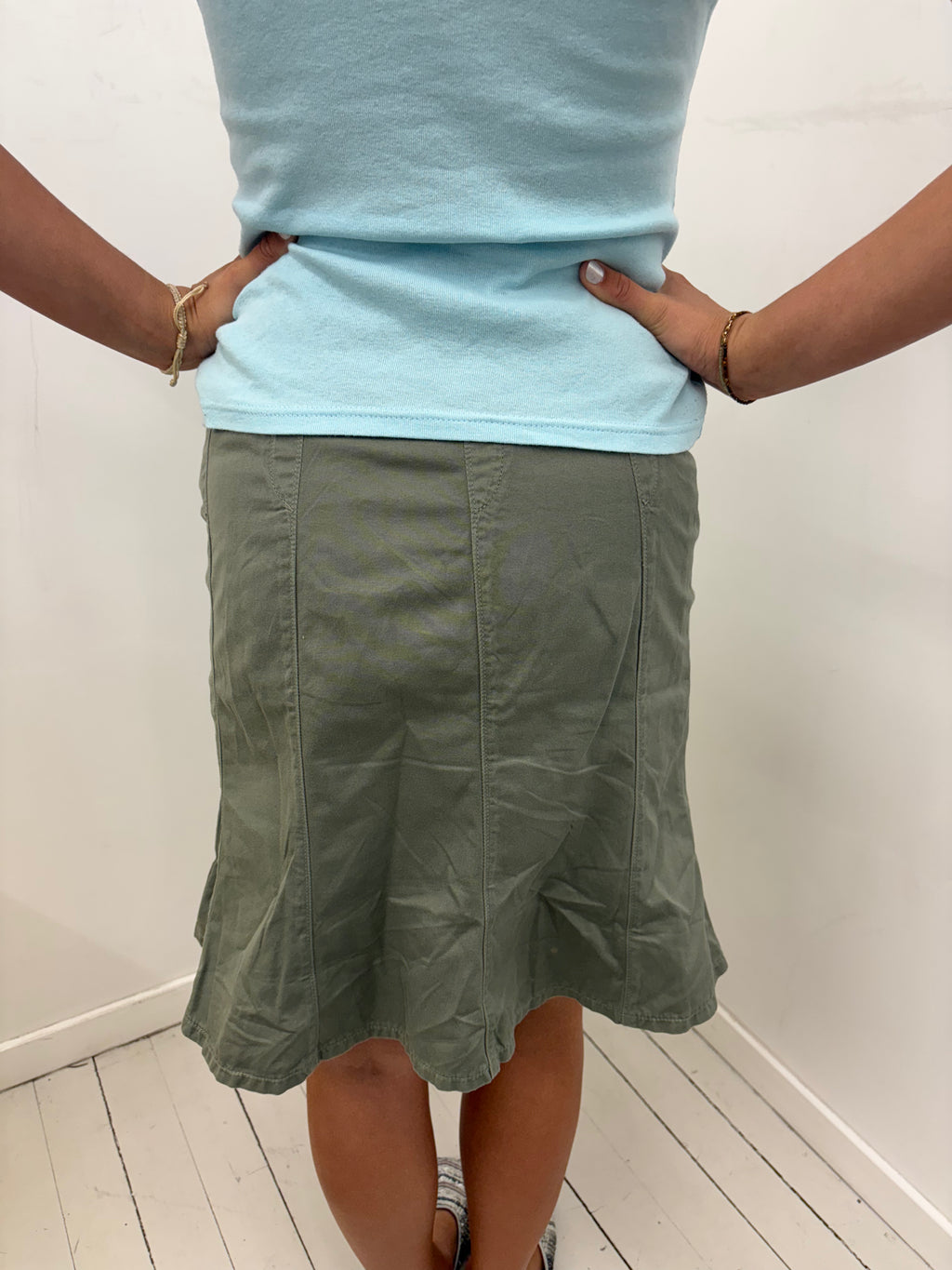 Khaki Pintuck Panel A-Line Midi Skirt