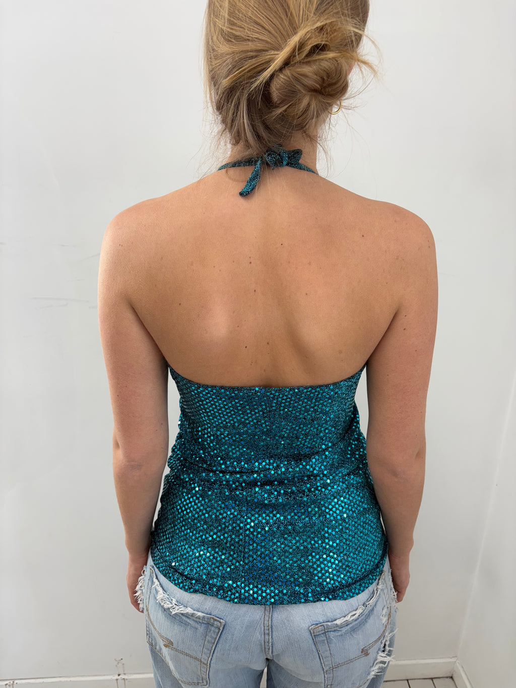 Teal Sequin Halter Party Top