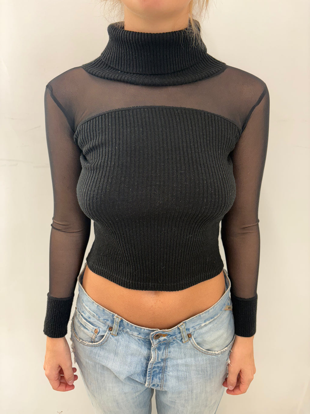 Black Sheer Mesh Long Sleeve Crop Top
