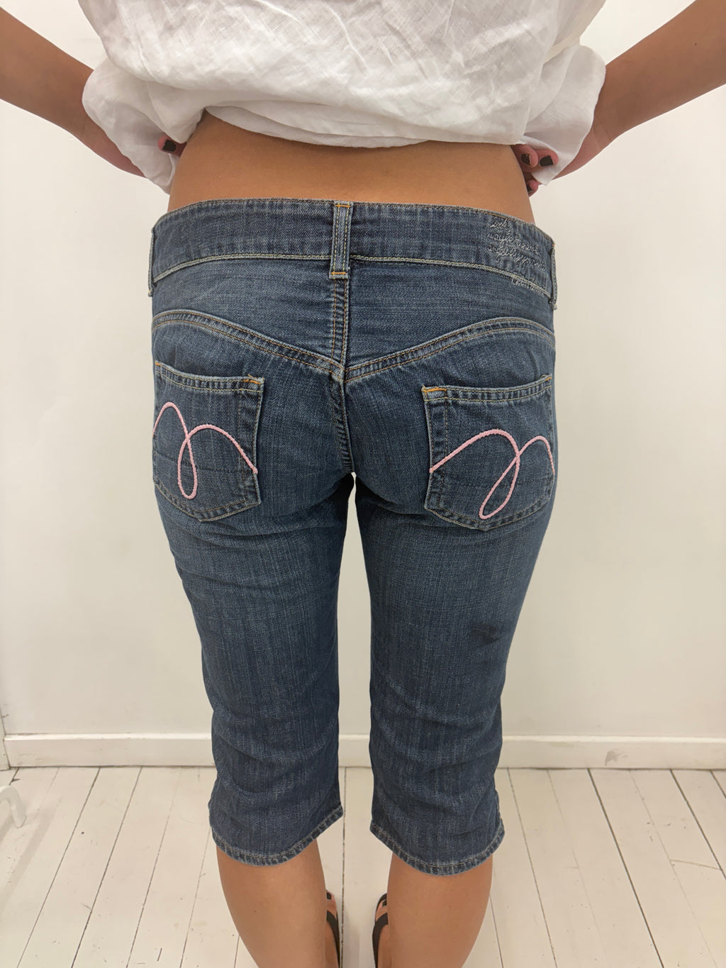 Denim Capri Shorts Pink Embroidery Y2K