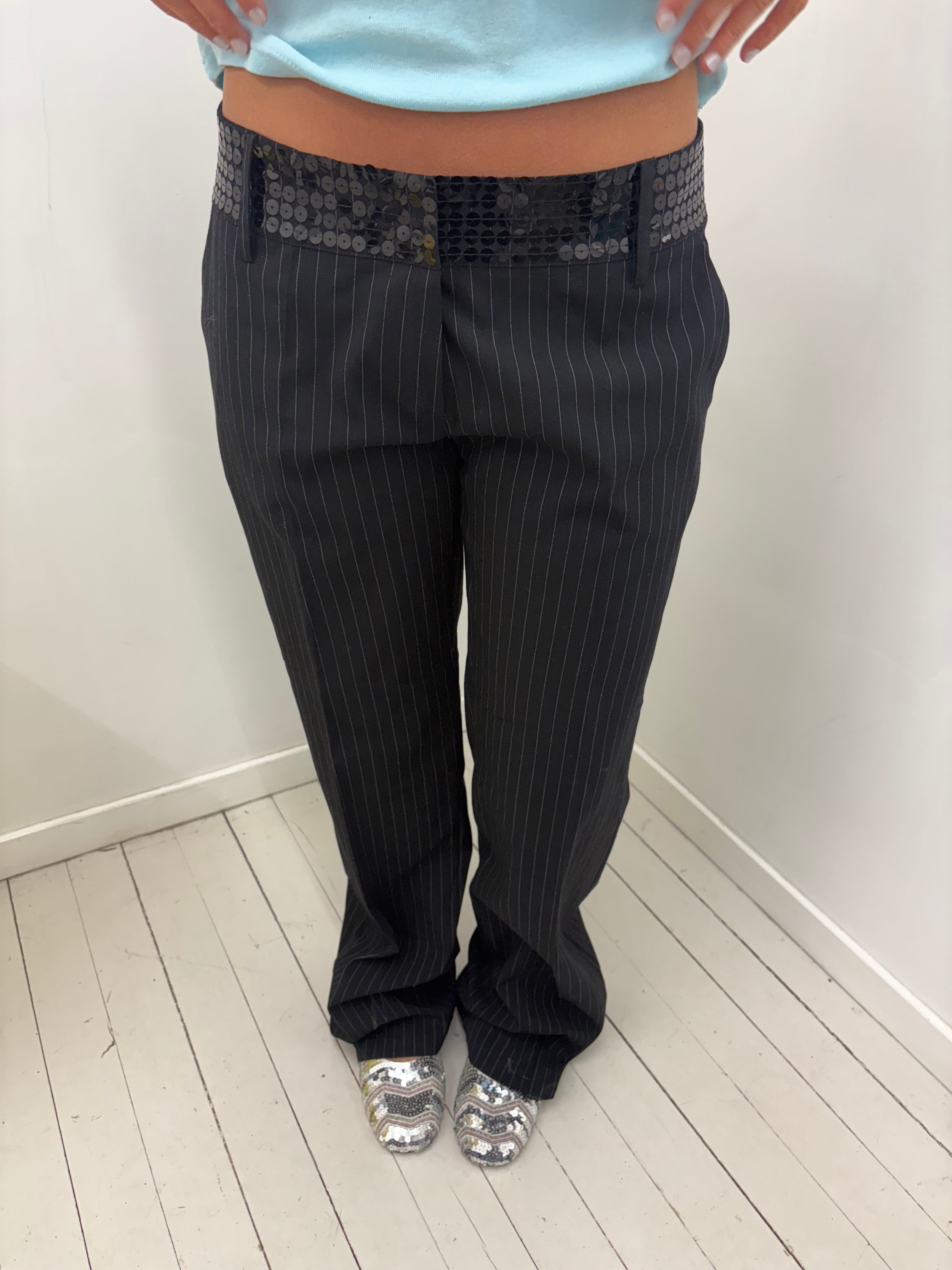 Black Pinstripe Low-Rise Trousers With Sequin Waistband