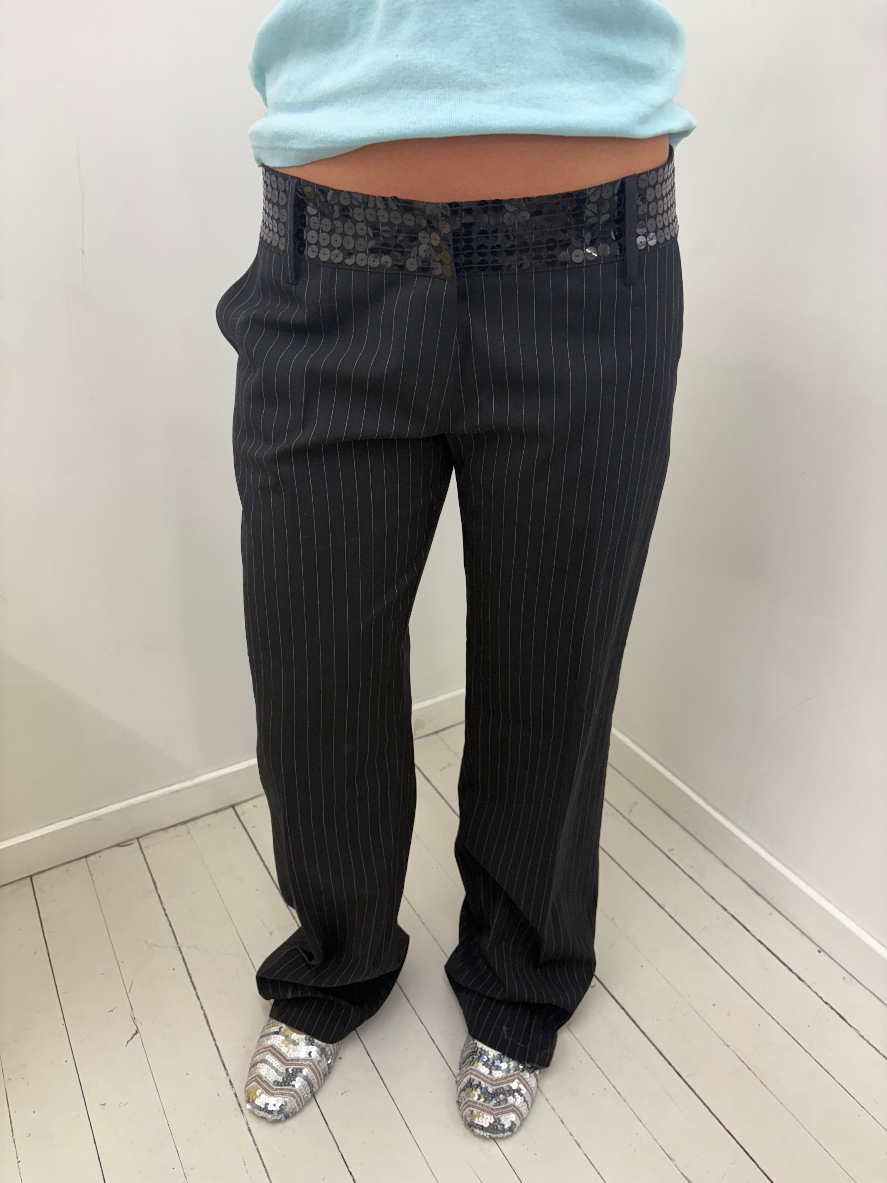 Black Pinstripe Low-Rise Trousers With Sequin Waistband