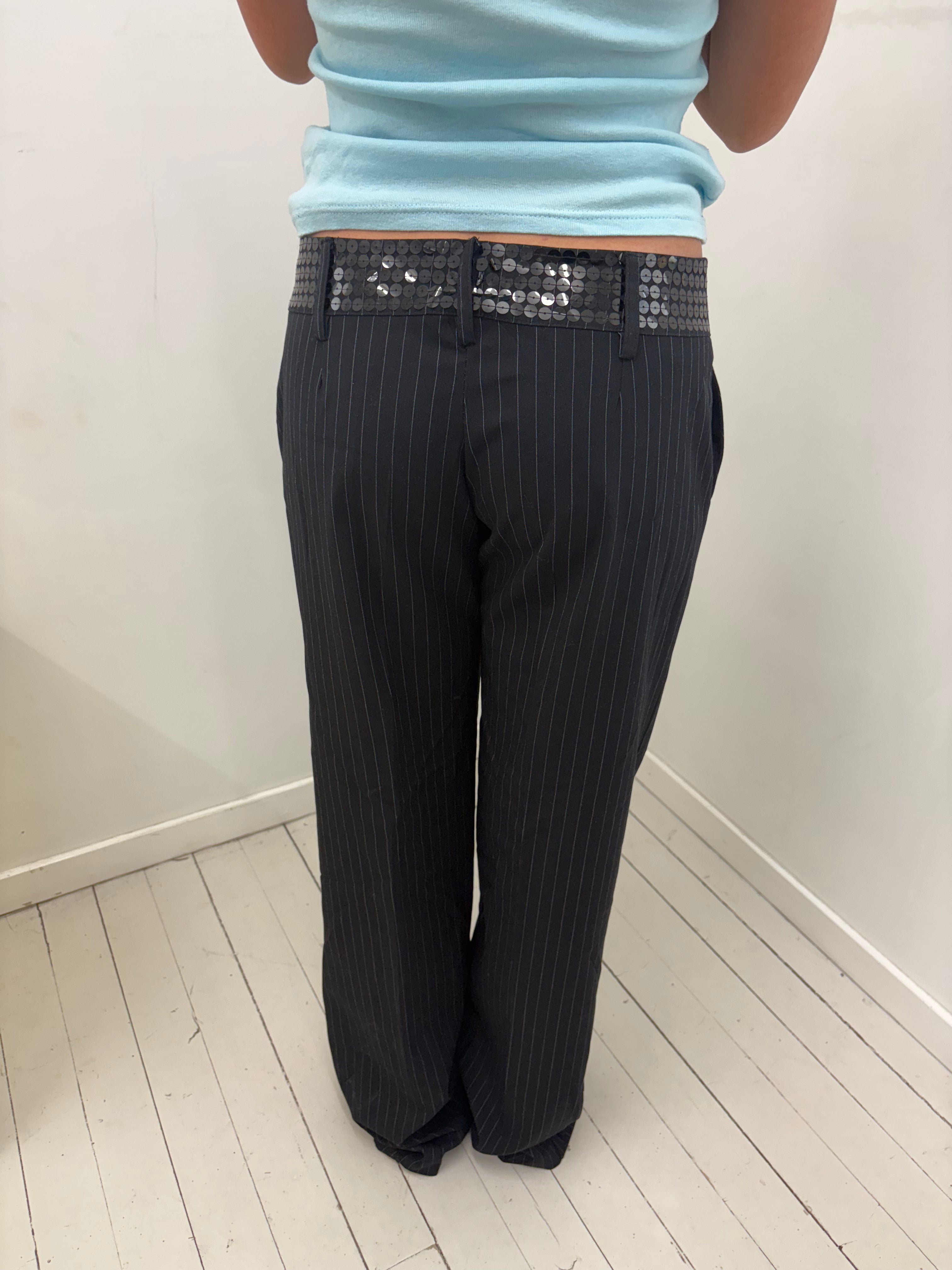 Black Pinstripe Low-Rise Trousers With Sequin Waistband