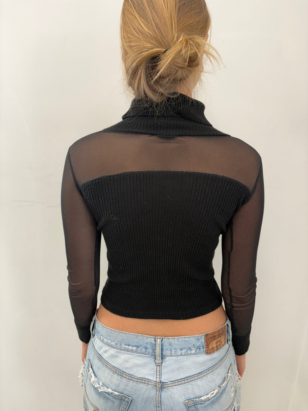 Black Sheer Mesh Long Sleeve Crop Top