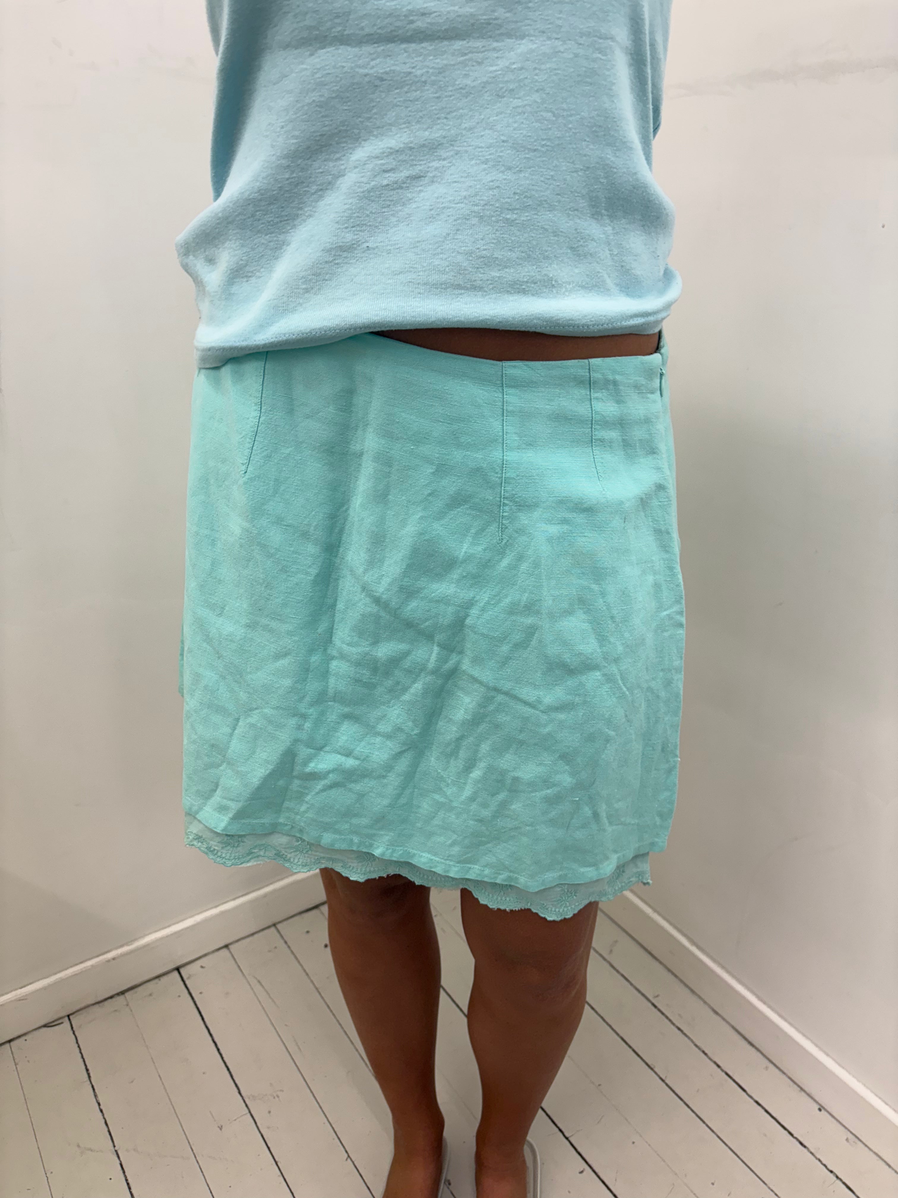 Mint Blue Linen-Look Mini Skirt With Lace Hem