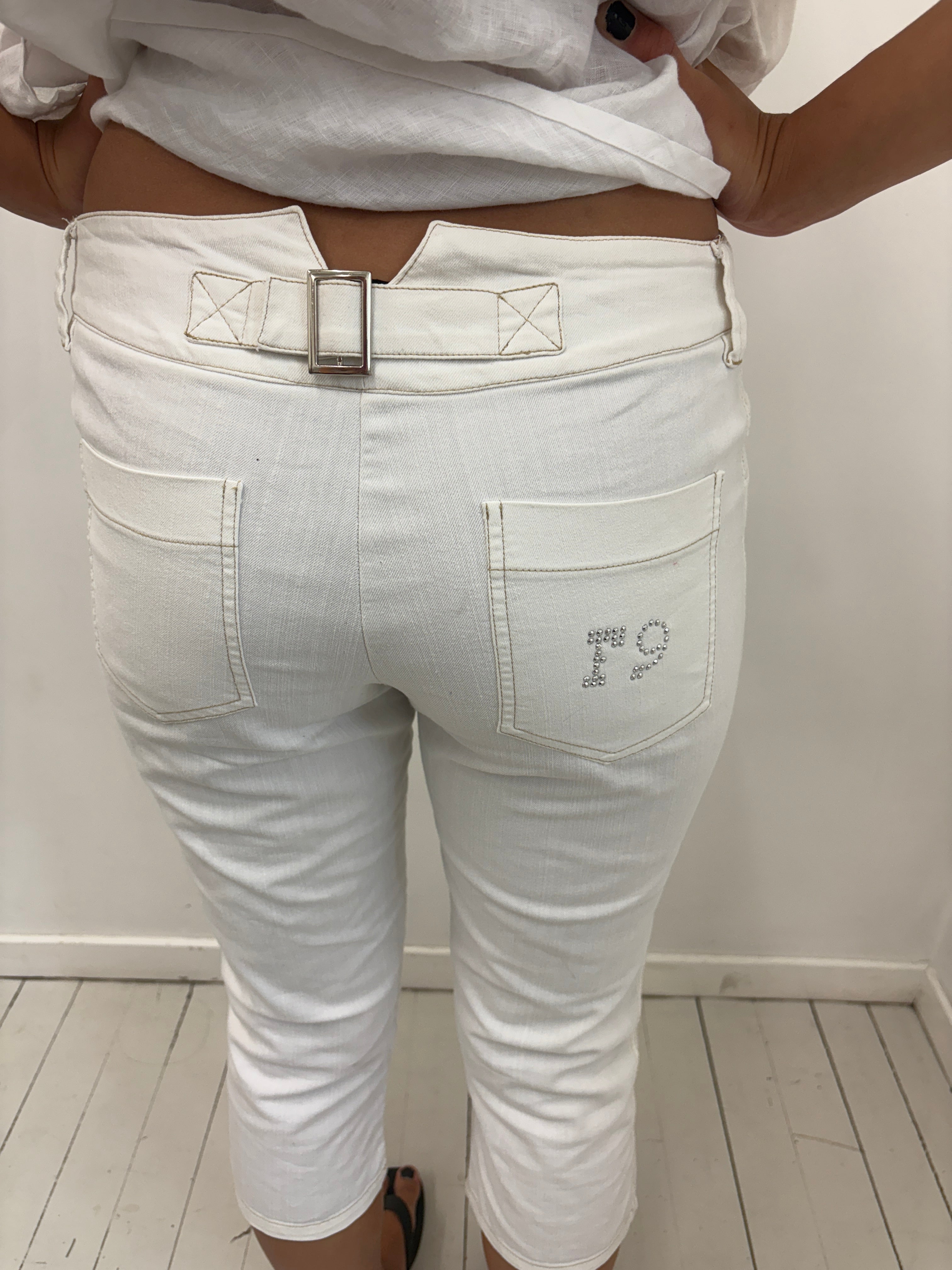 White Denim Capri Shorts Rhinestone Y2K