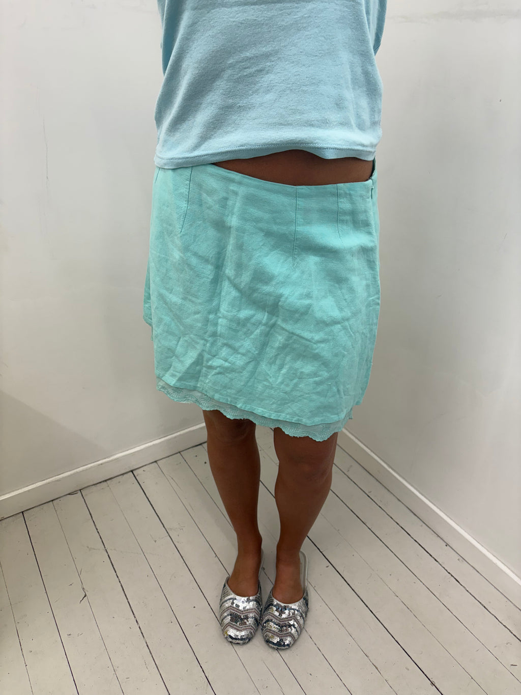 Mint Blue Linen-Look Mini Skirt With Lace Hem