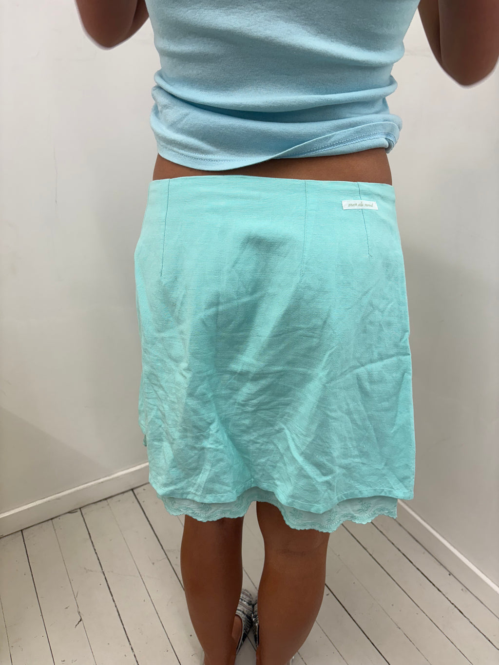 Mint Blue Linen-Look Mini Skirt With Lace Hem