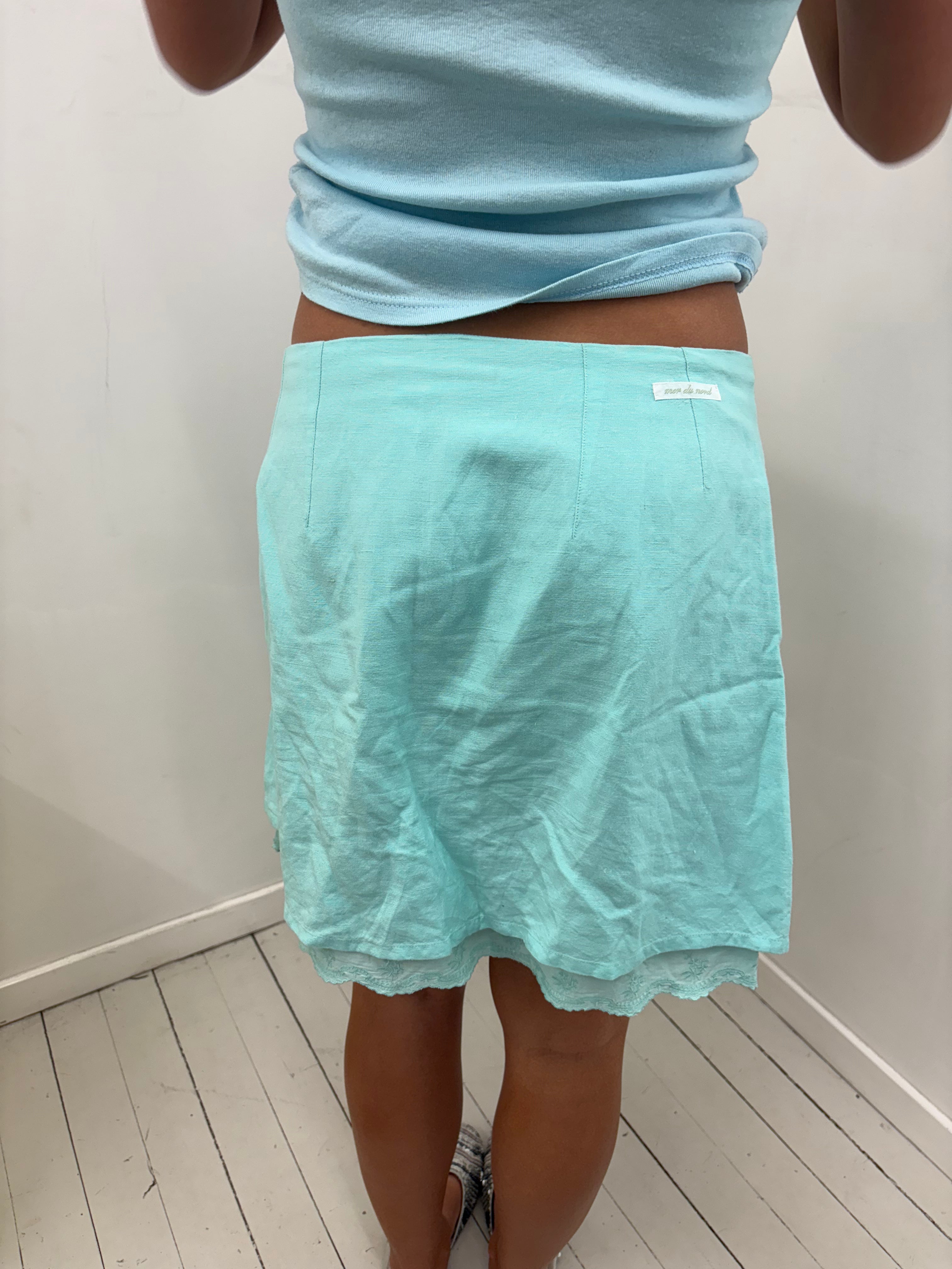 Mint Blue Linen-Look Mini Skirt With Lace Hem