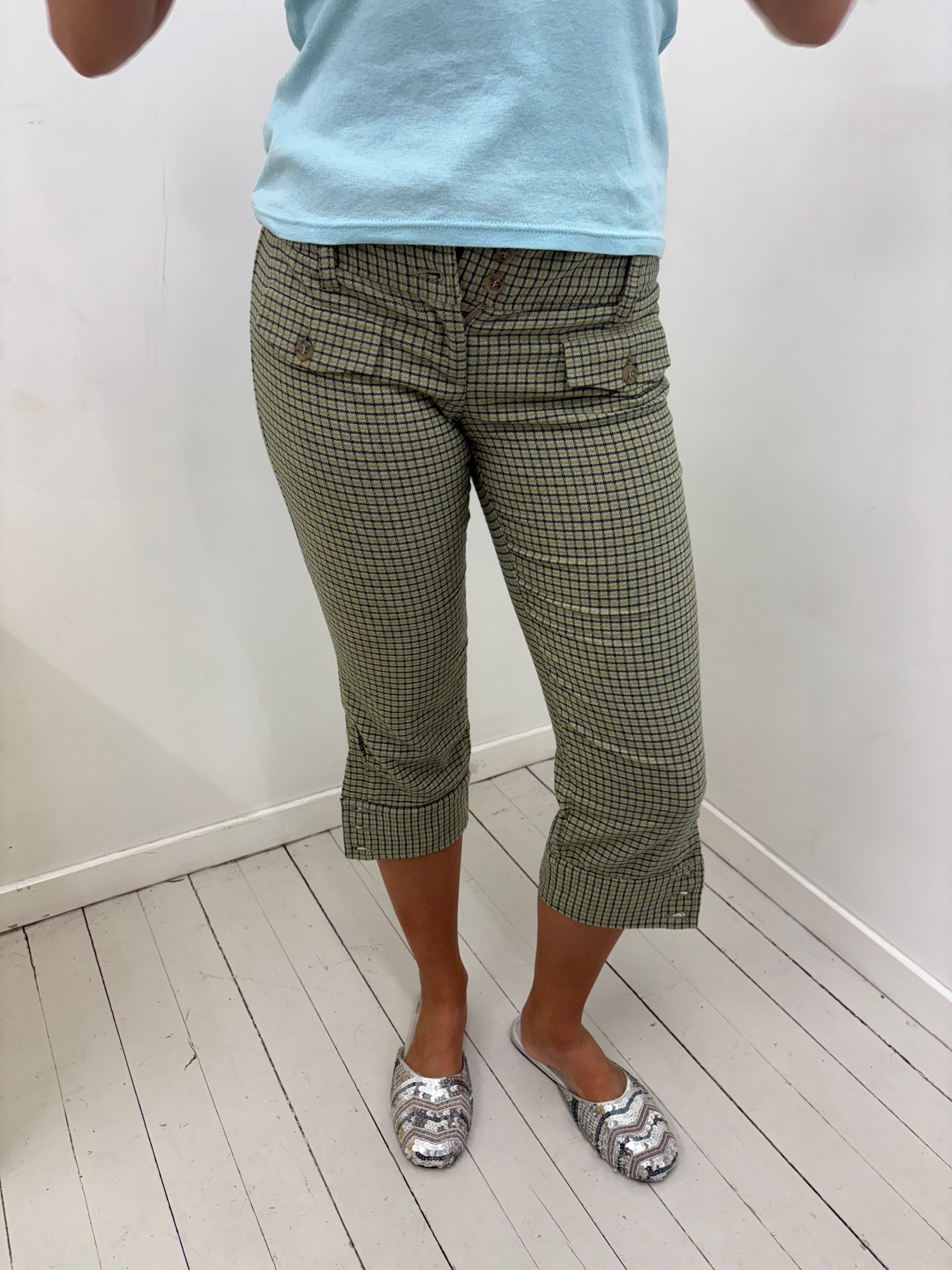 Khaki Check Cropped Capri Trousers With Cuffs