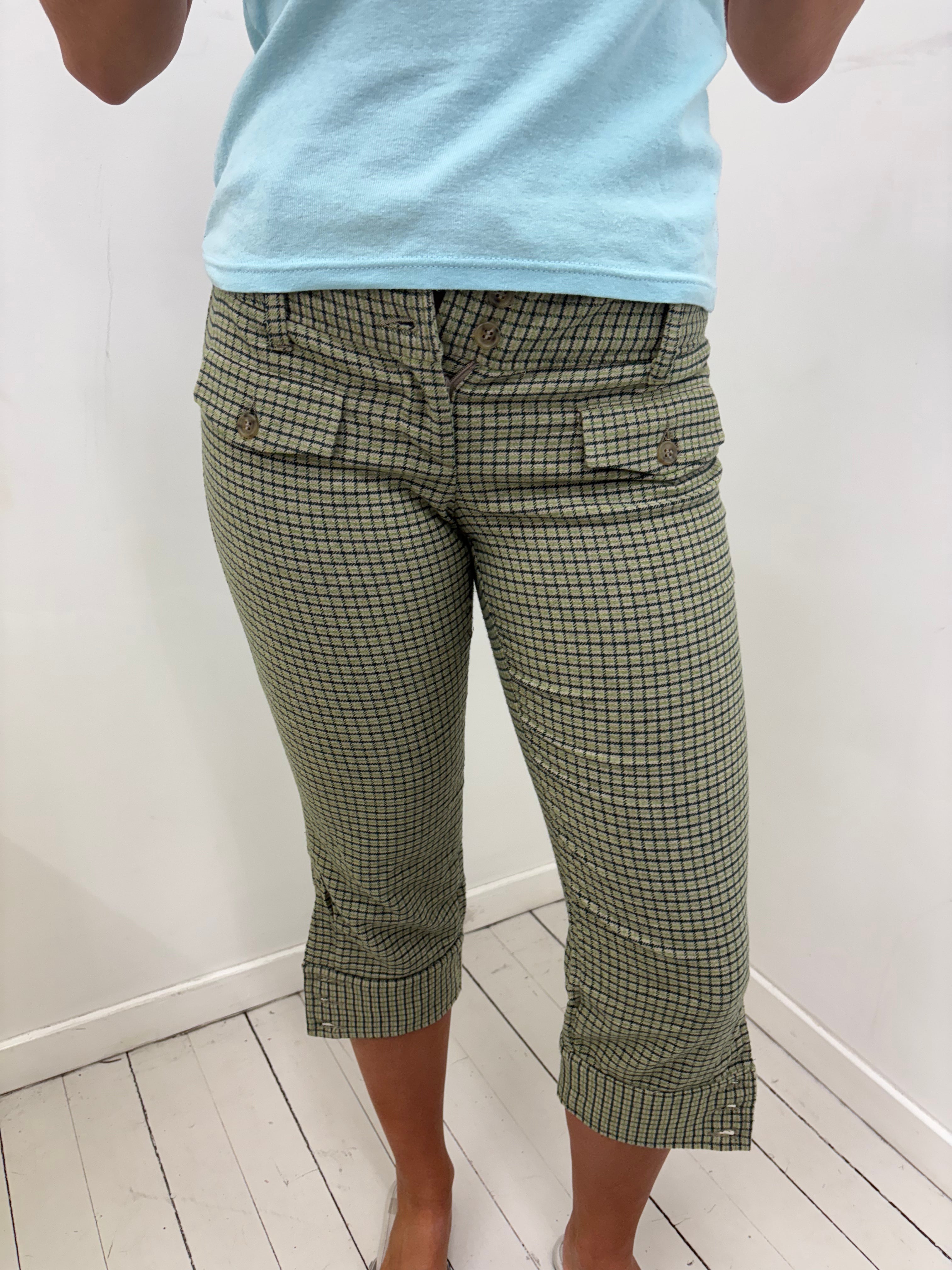 Khaki Check Cropped Capri Trousers With Cuffs