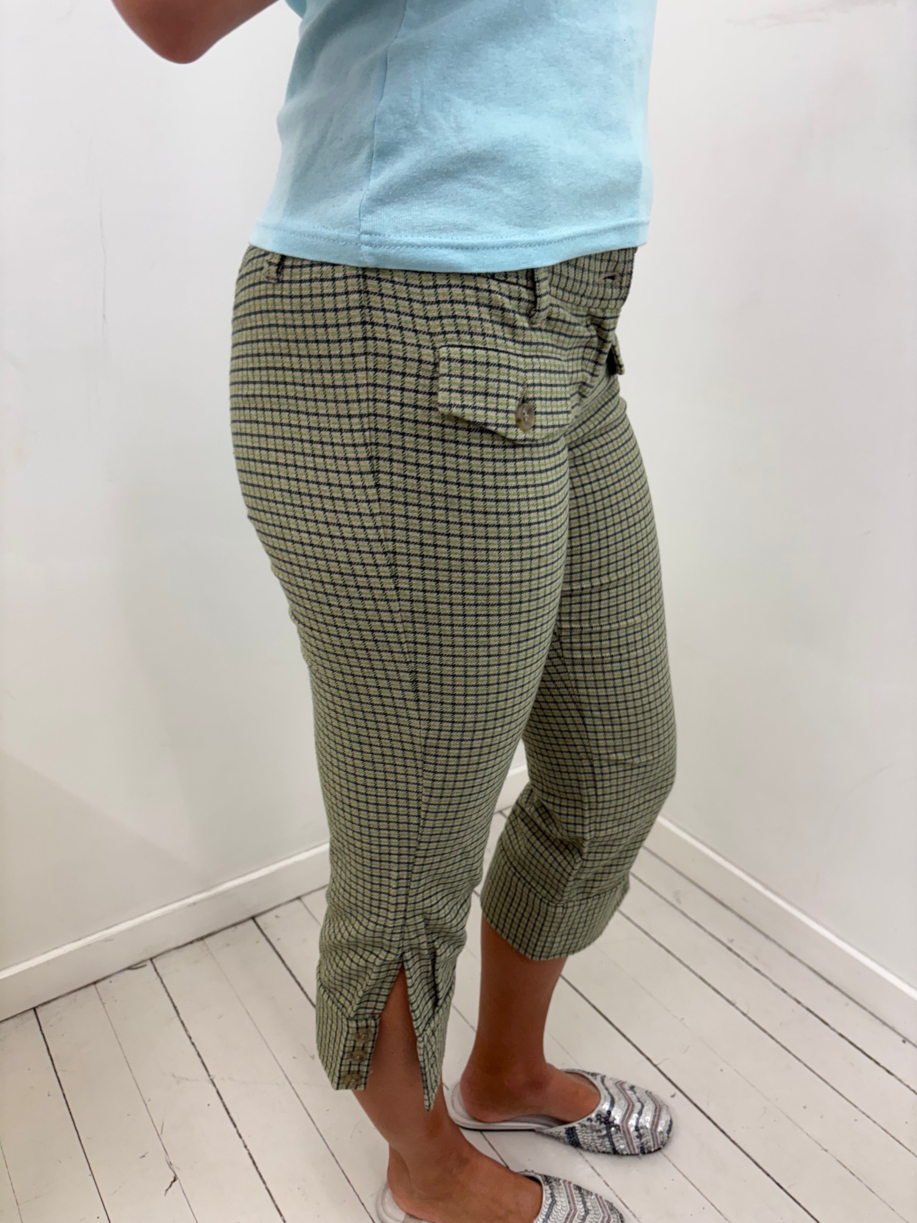 Khaki Check Cropped Capri Trousers With Cuffs