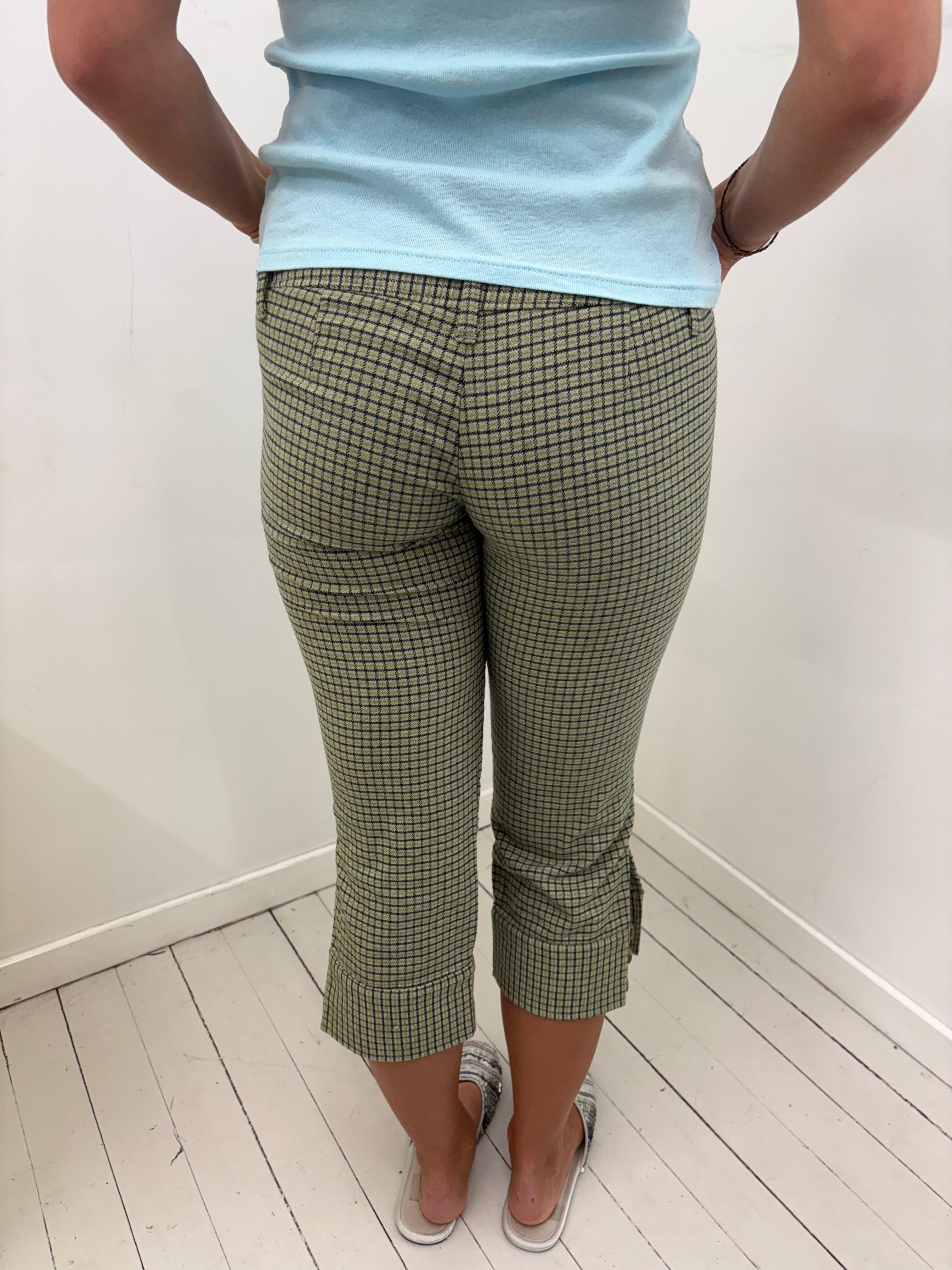 Khaki Check Cropped Capri Trousers With Cuffs