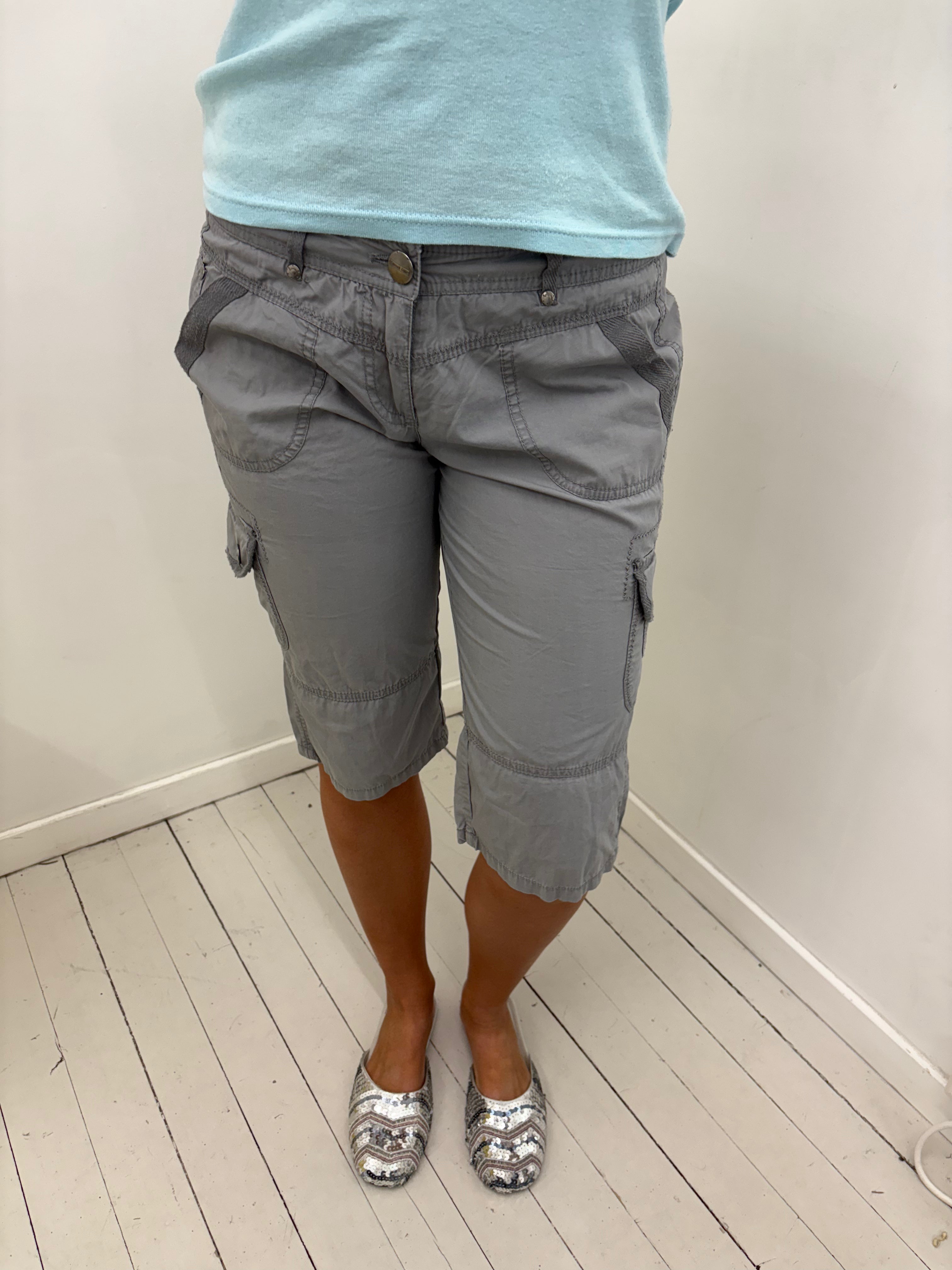 Grey Low-Rise Cargo Capri Shorts