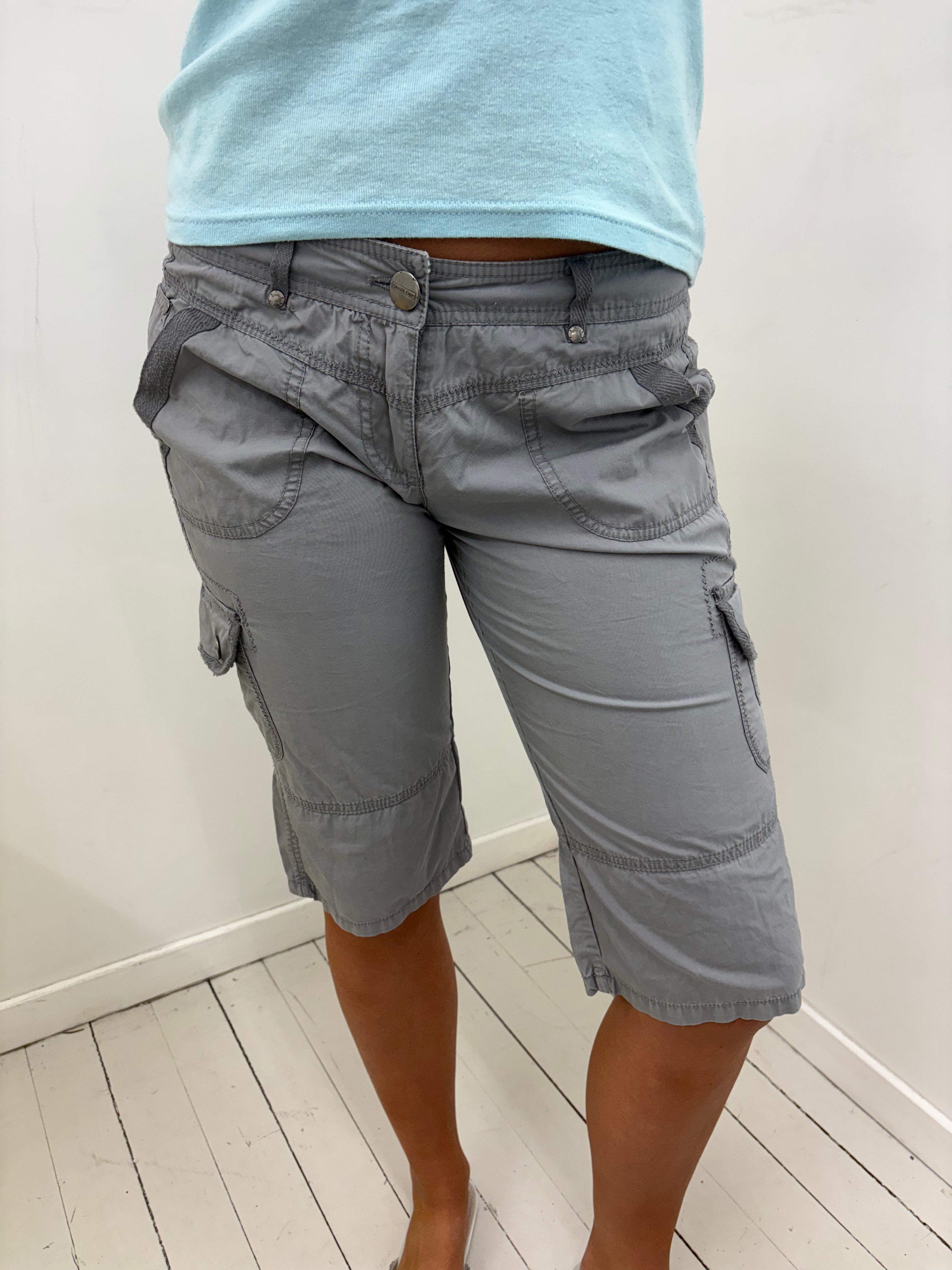 Grey Low-Rise Cargo Capri Shorts