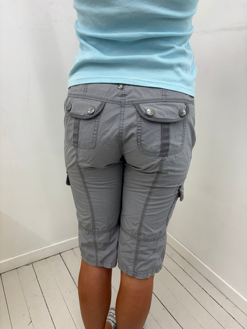 Grey Low-Rise Cargo Capri Shorts