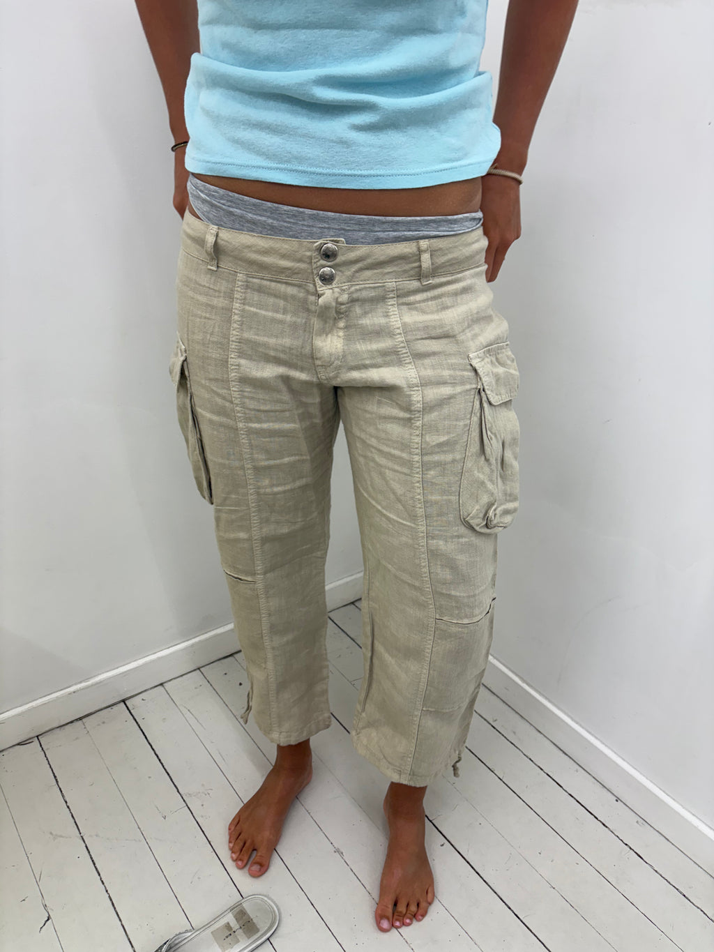 Beige Linen Cargo Cropped Trousers Double Button