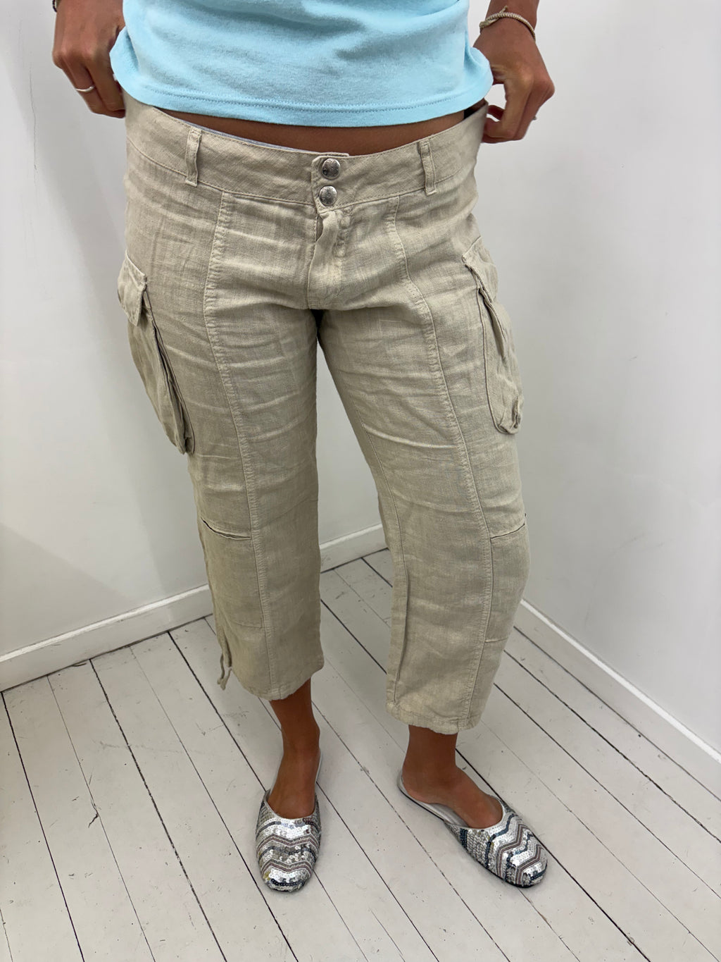 Beige Linen Cargo Cropped Trousers Double Button