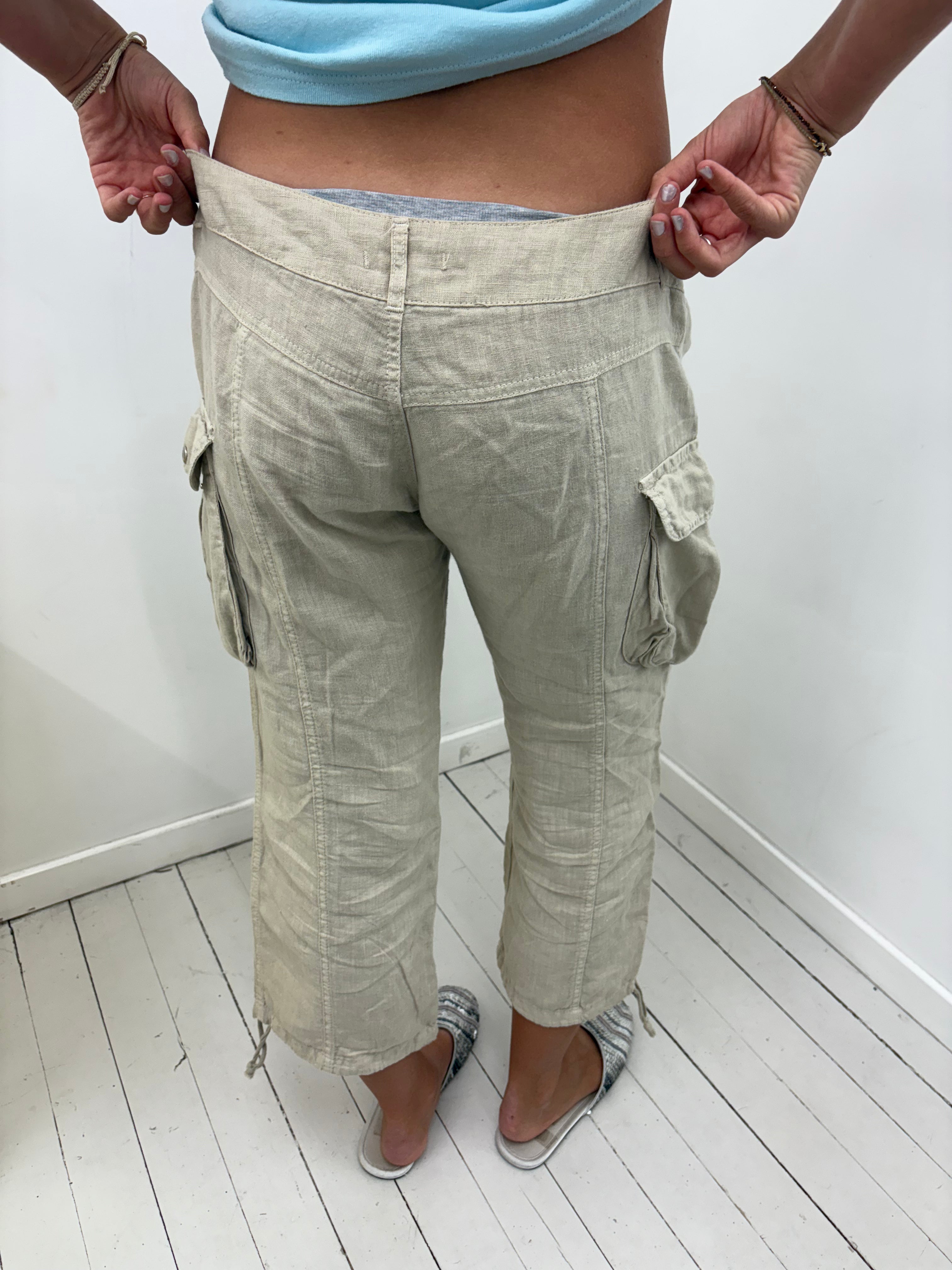 Beige Linen Cargo Cropped Trousers Double Button