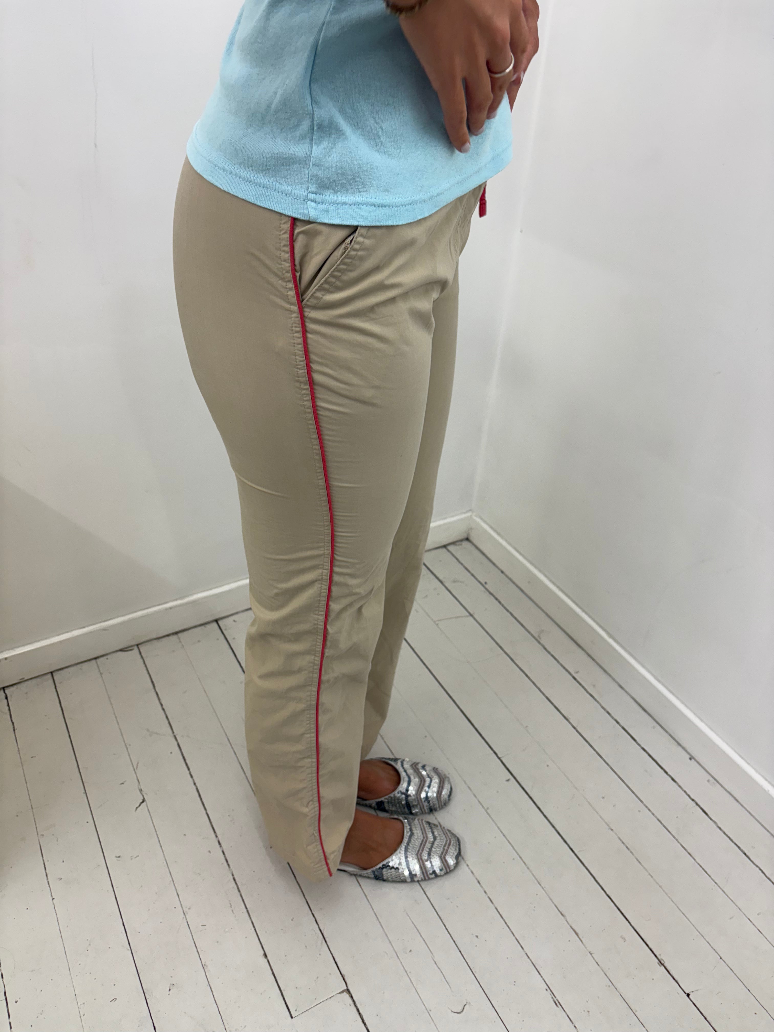 Beige Low-Rise Trousers With Red Side Stripe