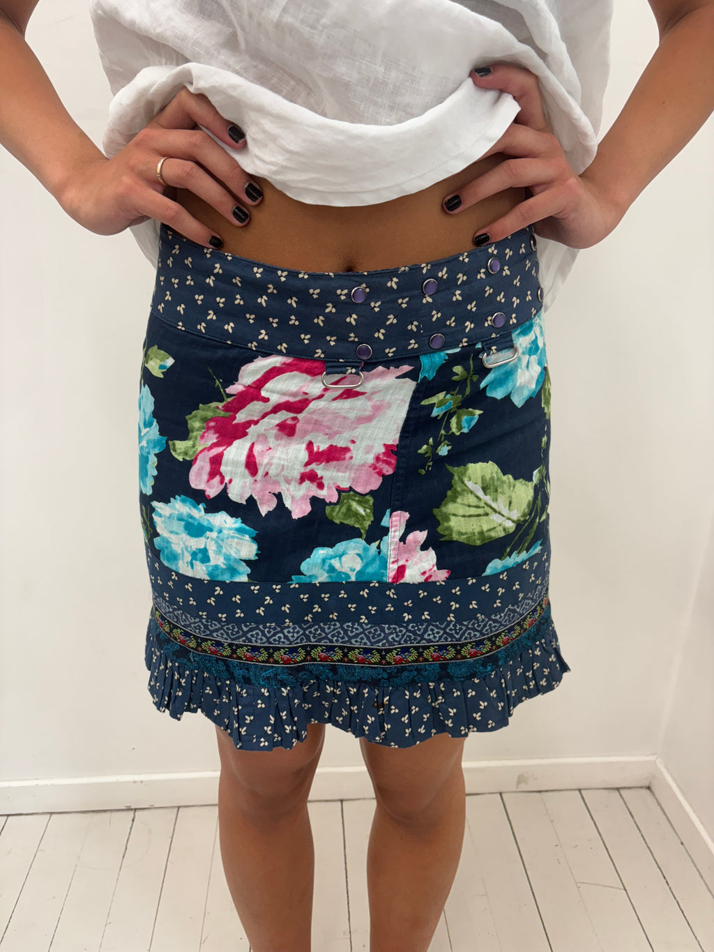 Navy Floral Patchwork Mini Skirt Y2K