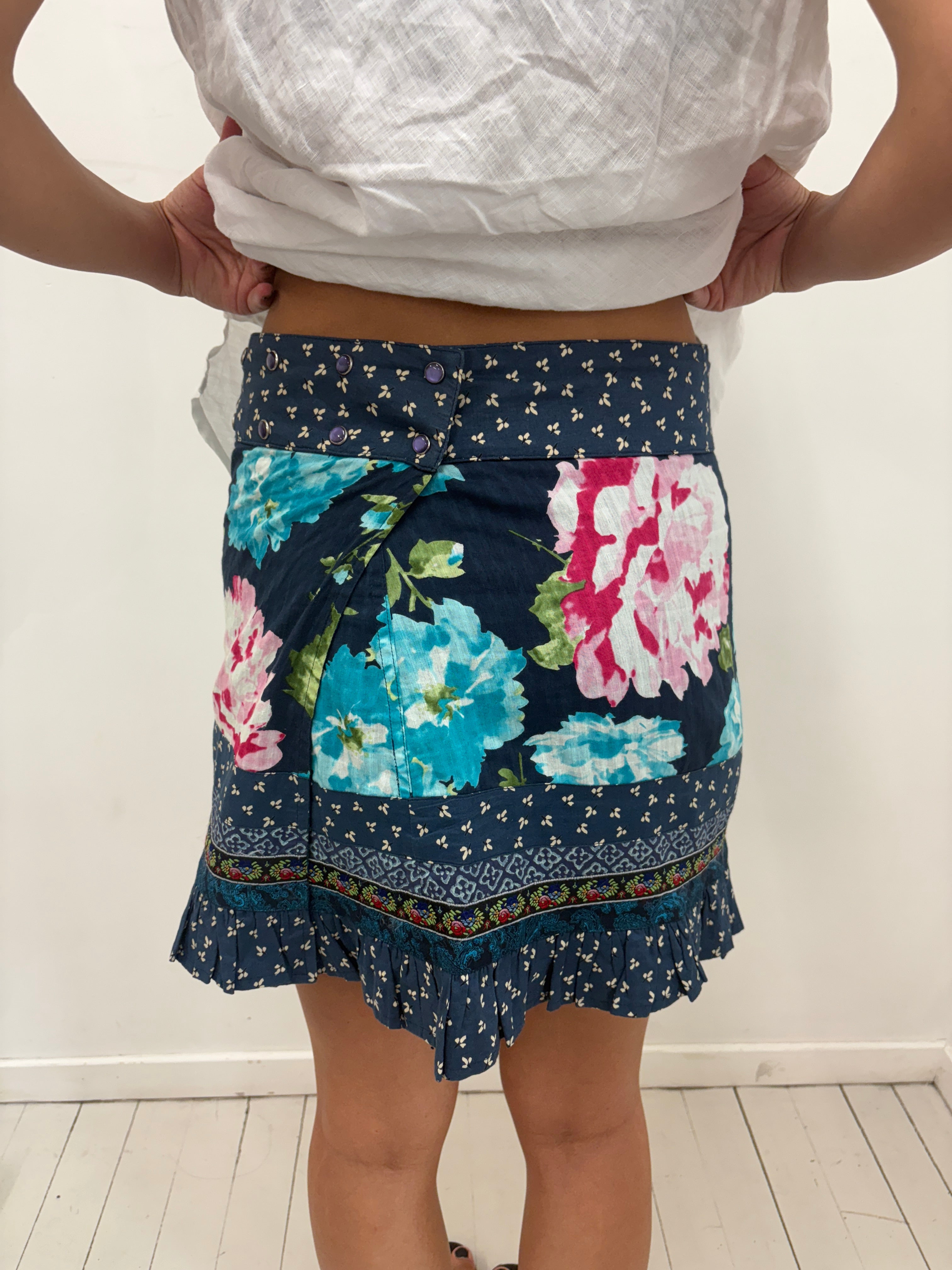 Navy Floral Patchwork Mini Skirt Y2K