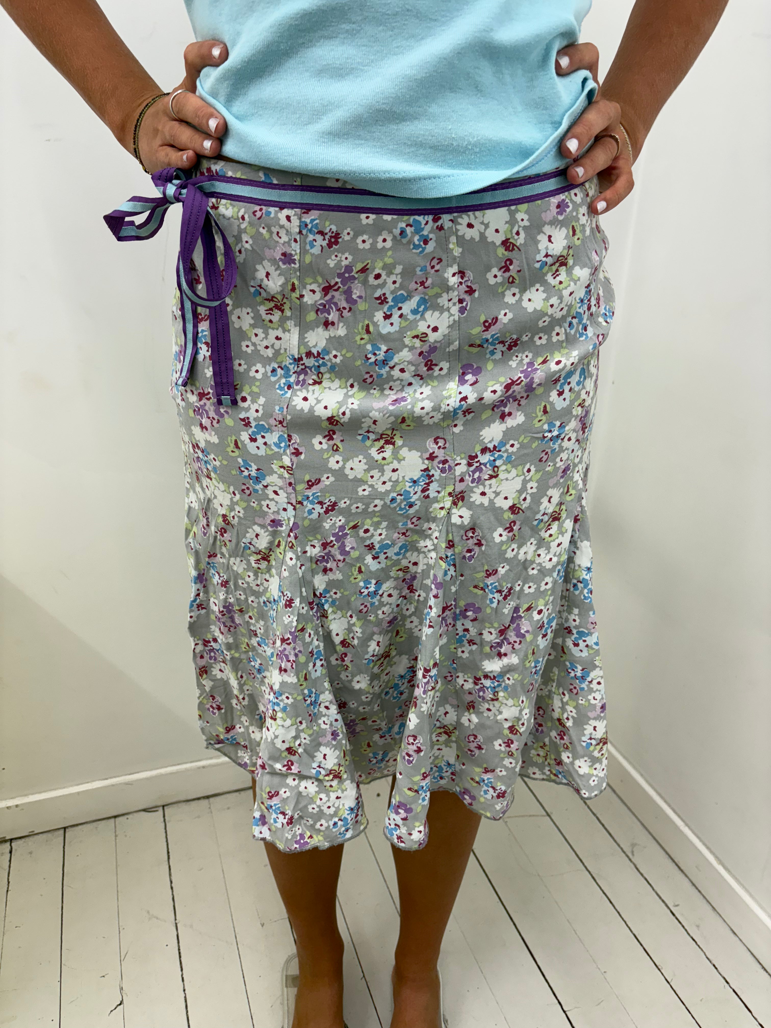 Grey Ditsy Floral Satin Skirt With Purple Ribbon Tie