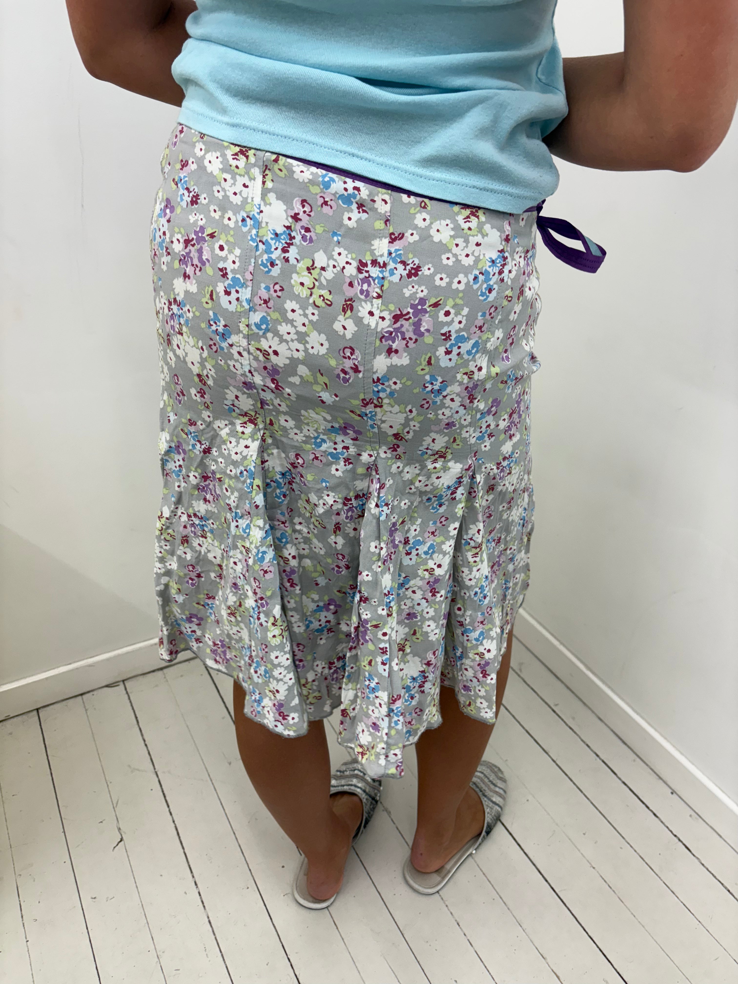 Grey Ditsy Floral Satin Skirt With Purple Ribbon Tie