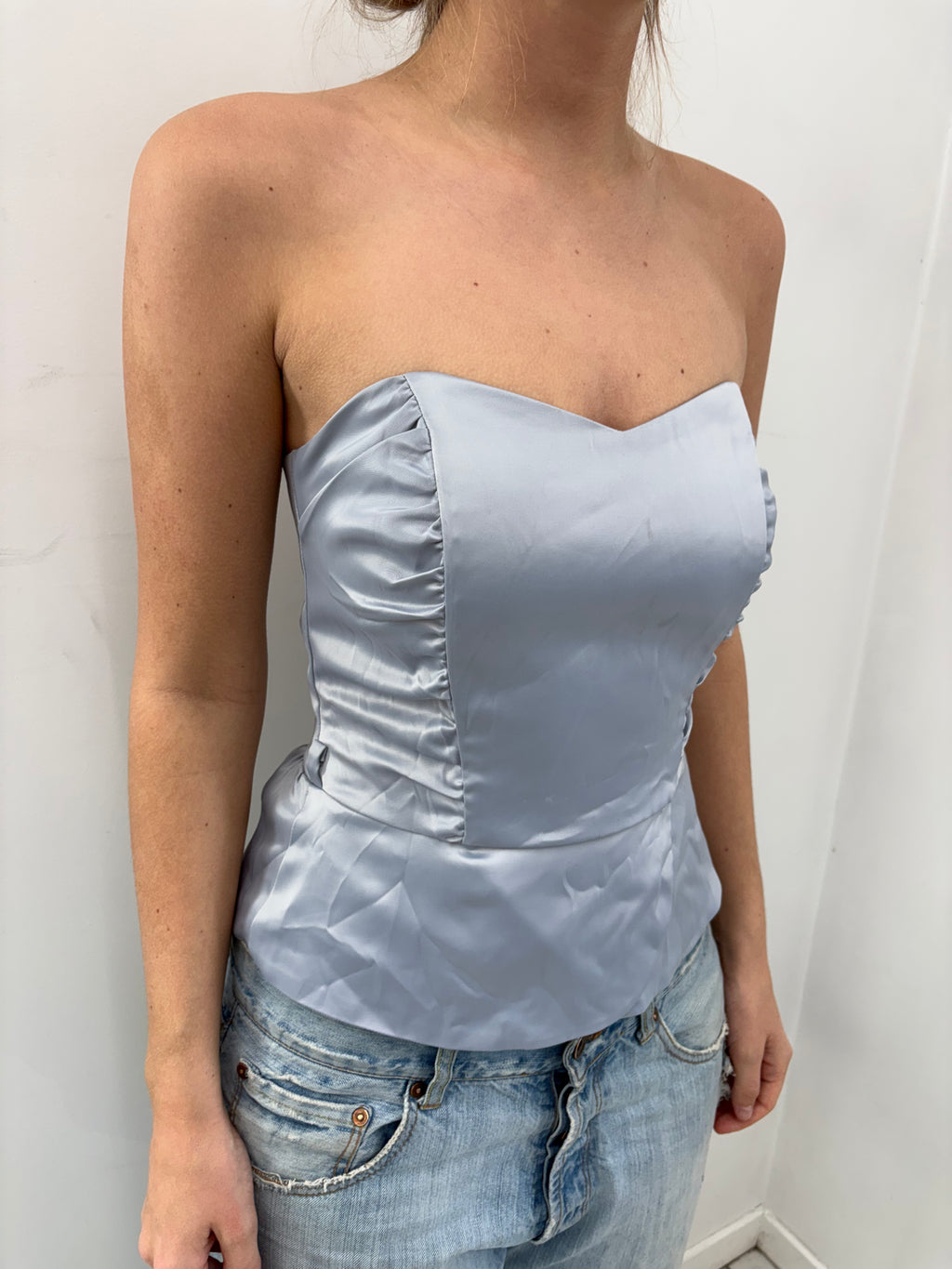 Ice Blue Strapless Satin Corset Top