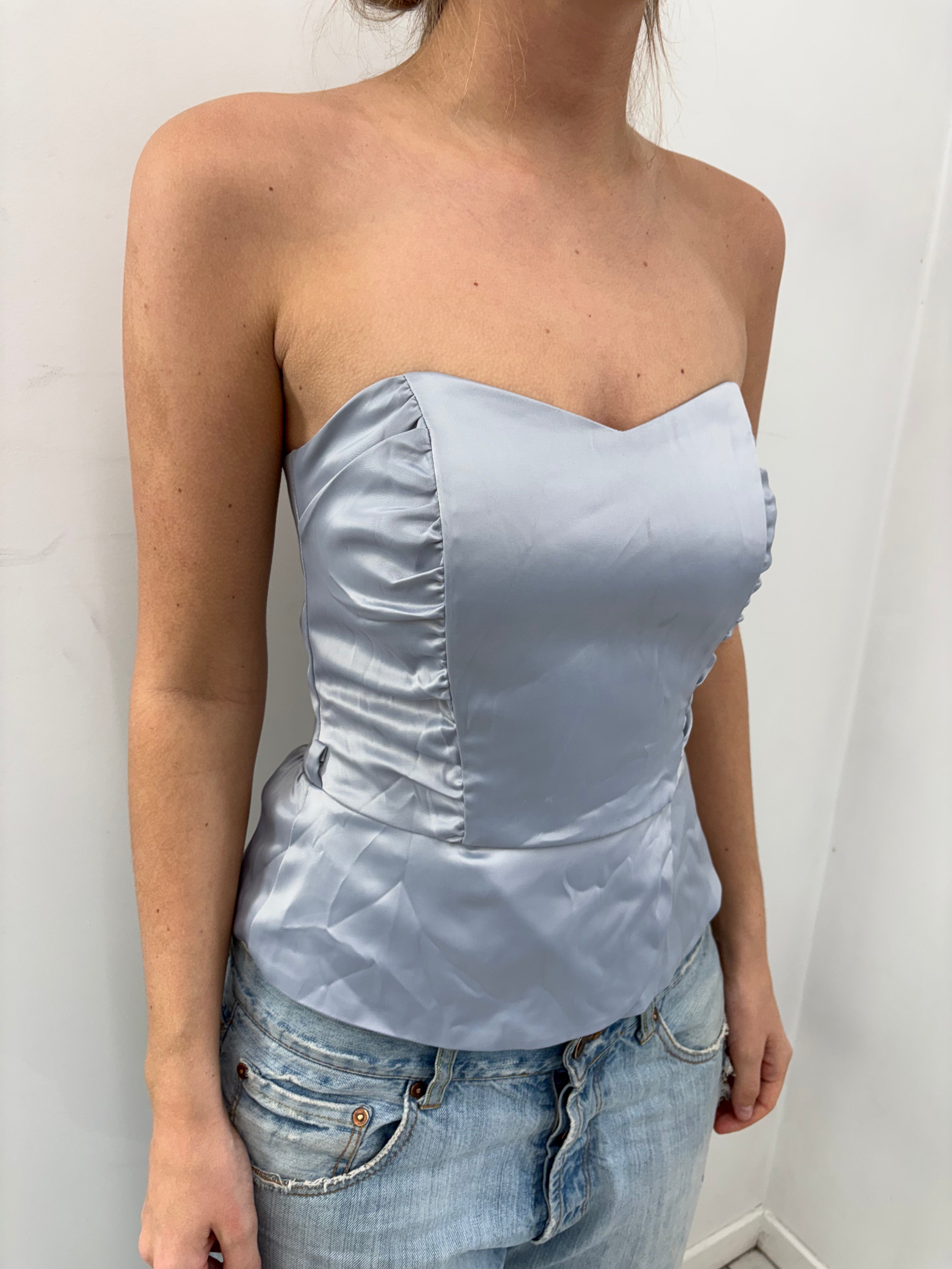 Ice Blue Strapless Satin Corset Top