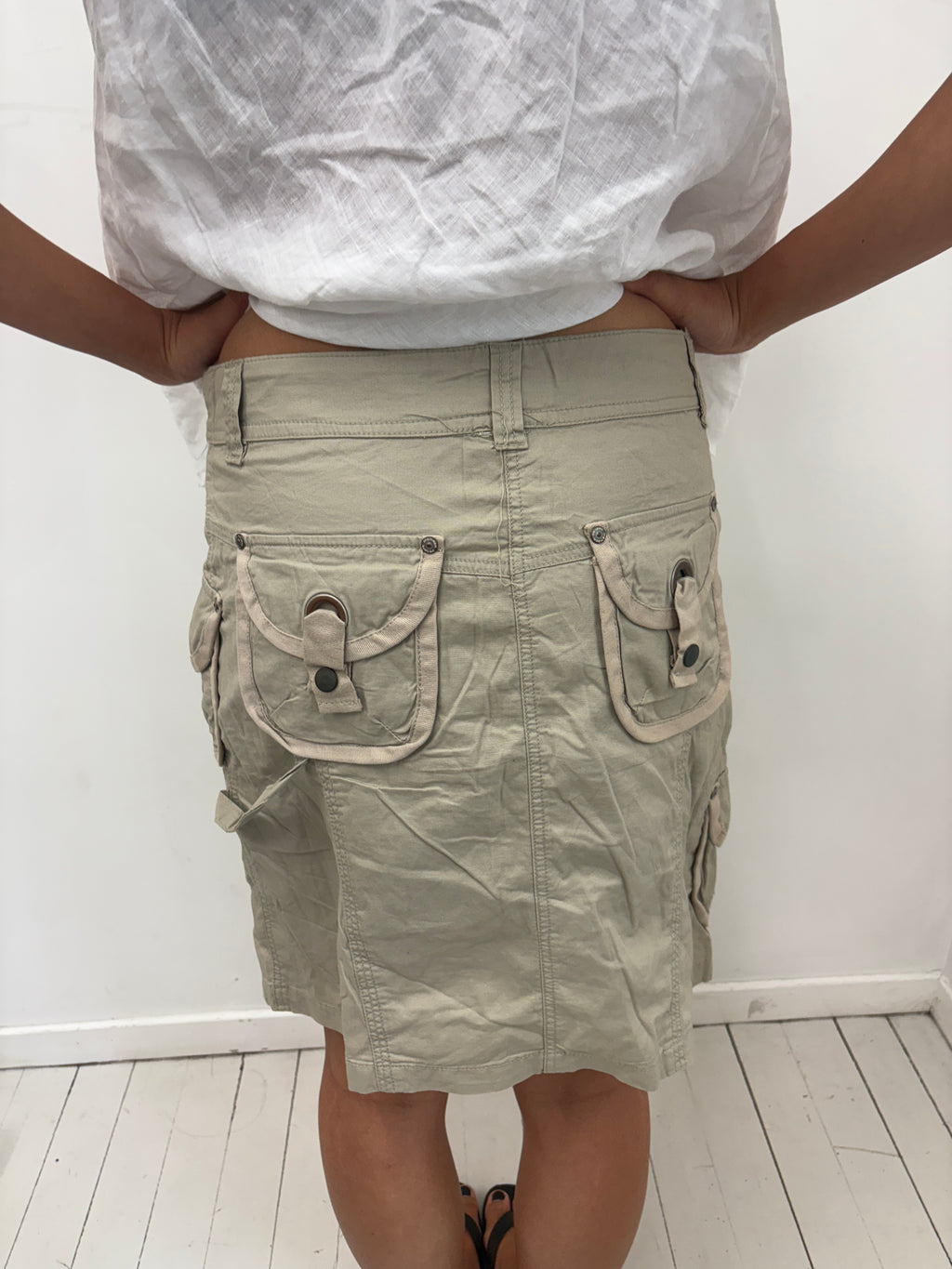 Beige Cargo Mini Skirt Utility Pockets Y2K