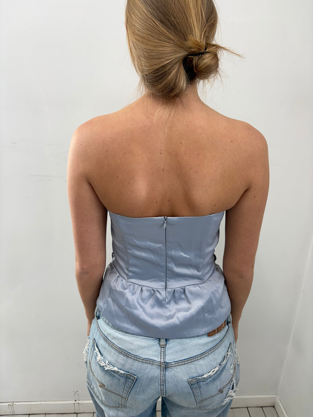 Ice Blue Strapless Satin Corset Top