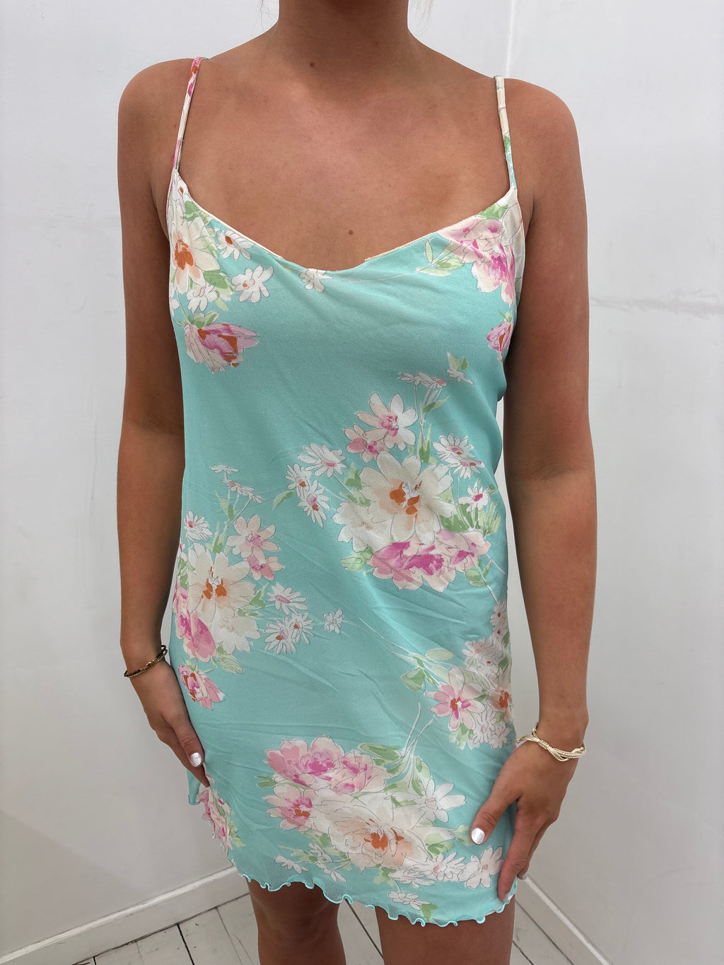 Aqua Floral Mini Slip Dress With Lettuce Hem