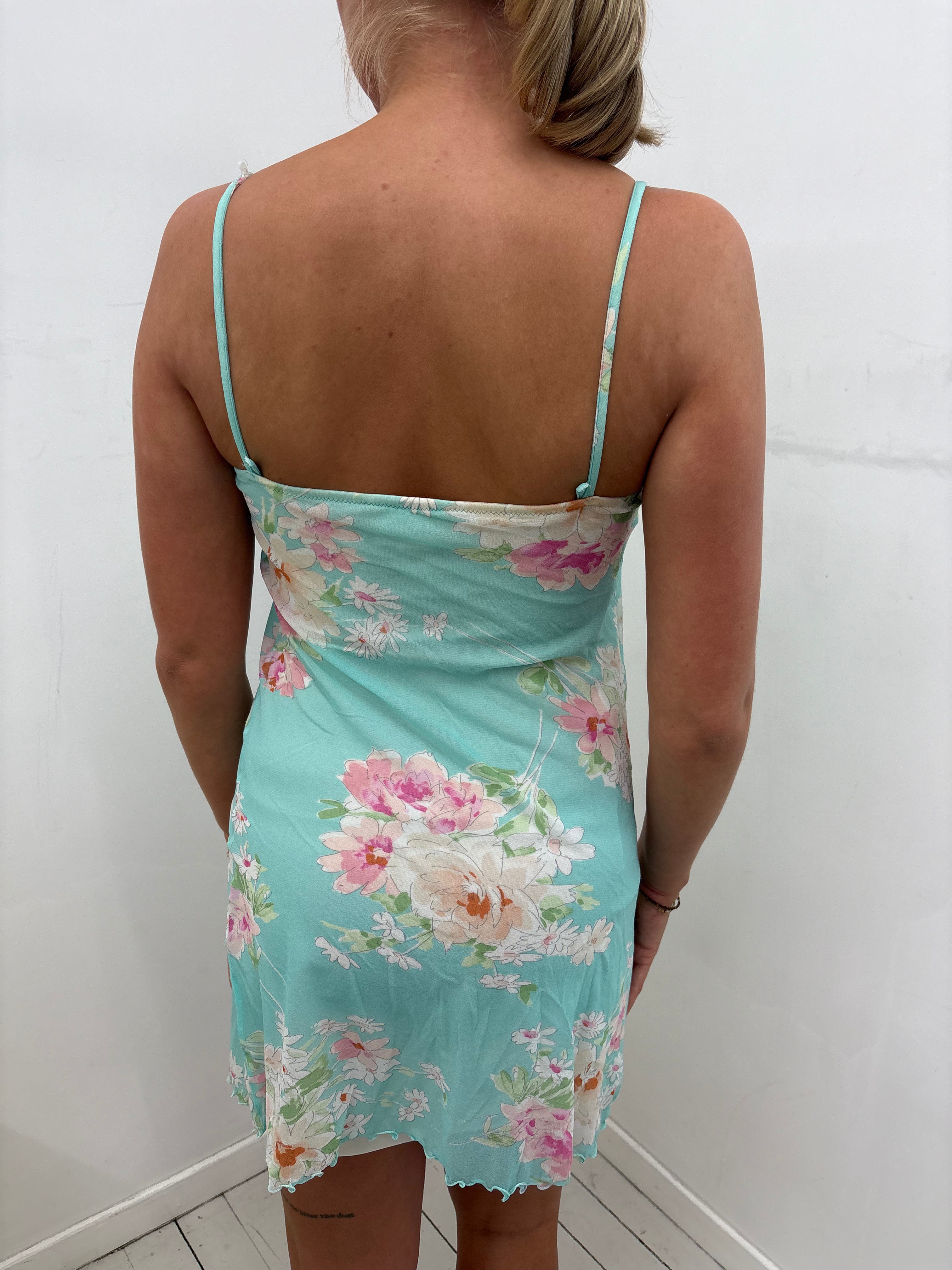 Aqua Floral Mini Slip Dress With Lettuce Hem