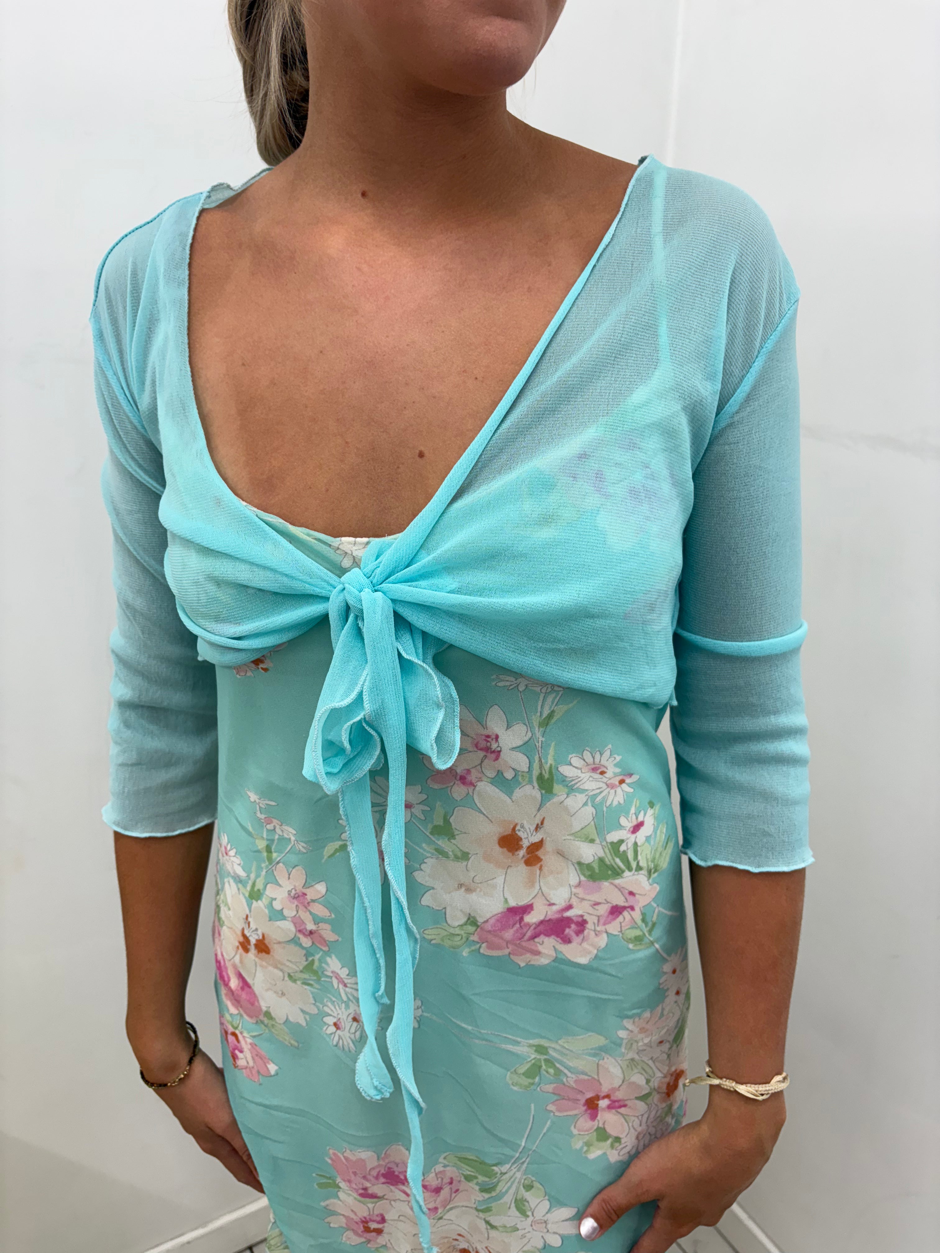 Aqua Sheer Mesh Tie-Front Bolero Shrug