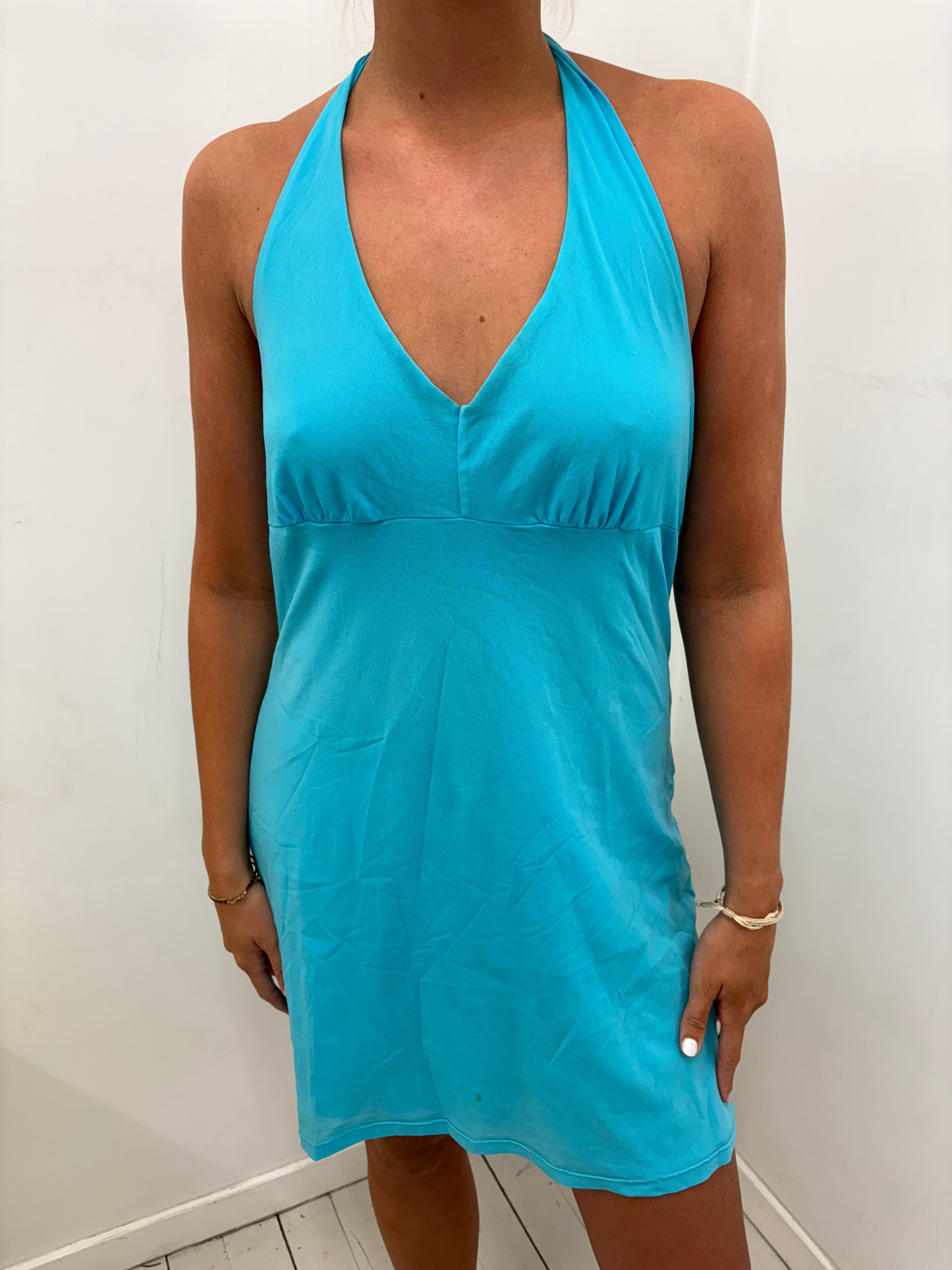 Turquoise Deep-V Halterneck Empire Mini Dress