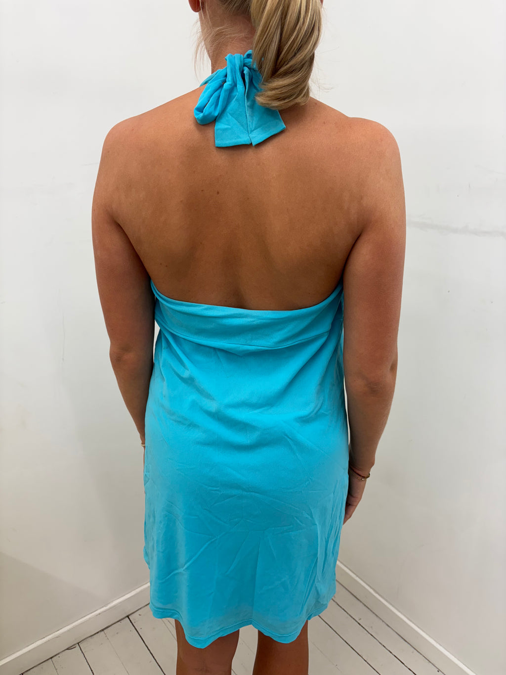 Turquoise Deep-V Halterneck Empire Mini Dress