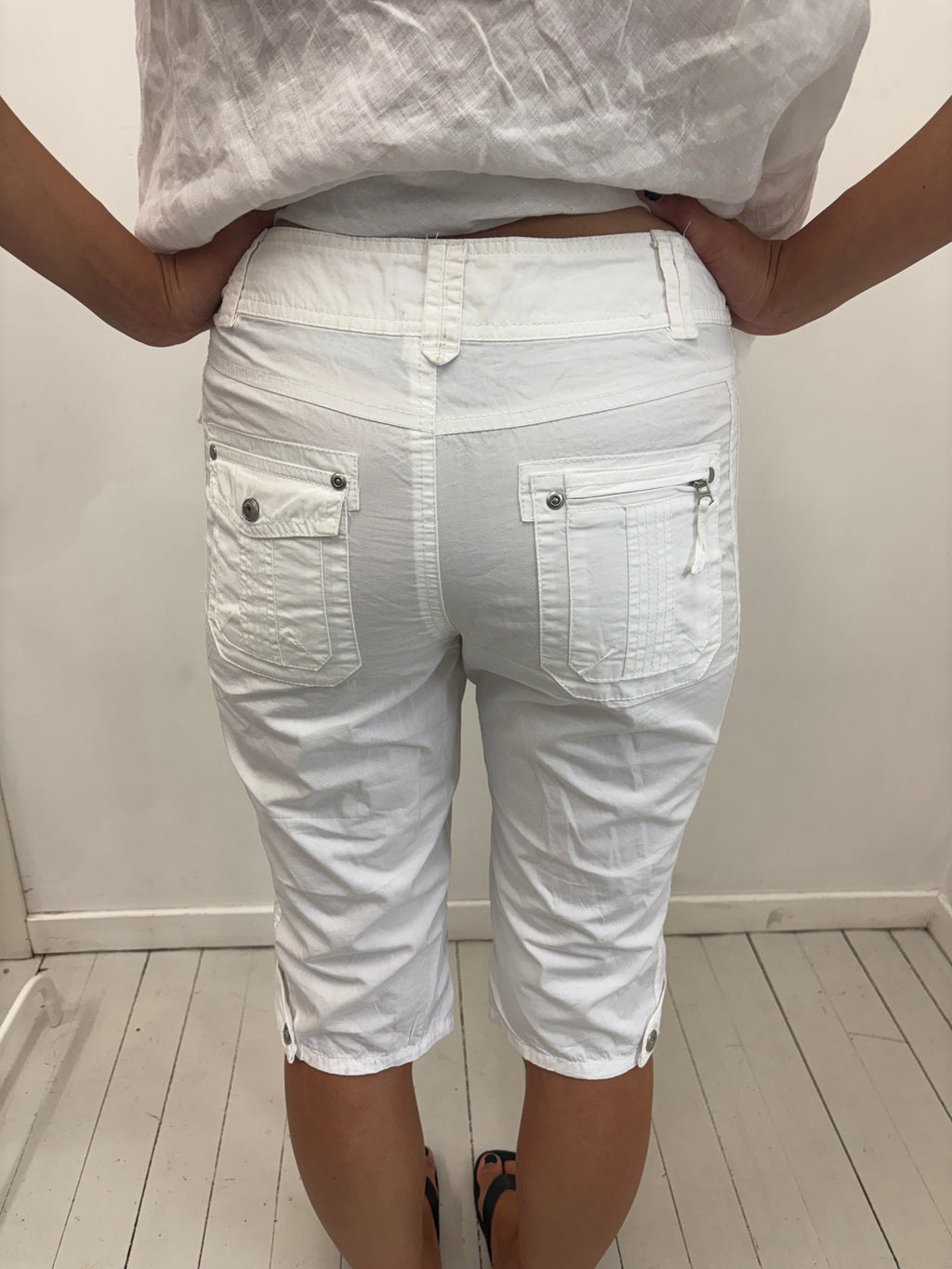 White Cargo Capri Shorts Utility Pockets Y2K