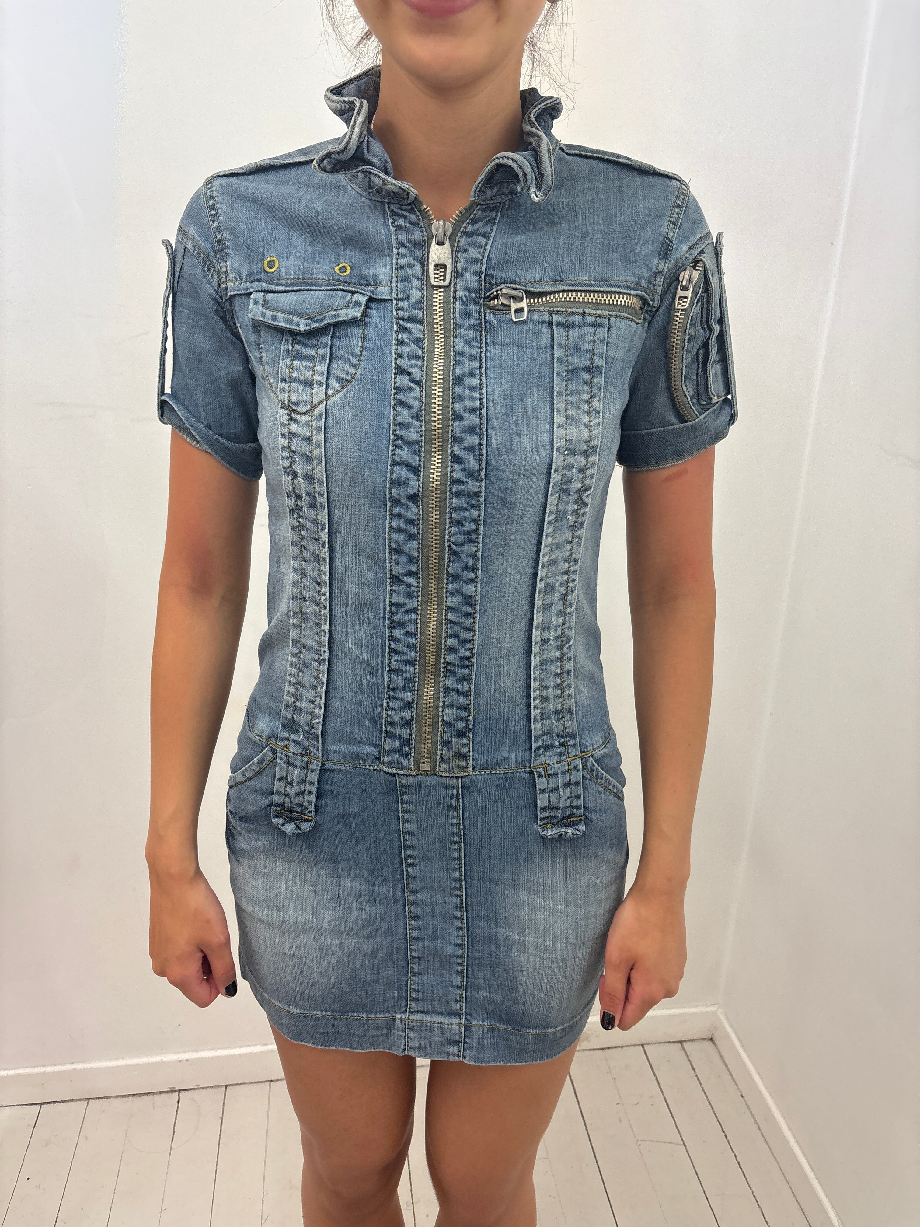 Denim Zip Front Mini Dress Utility Y2K
