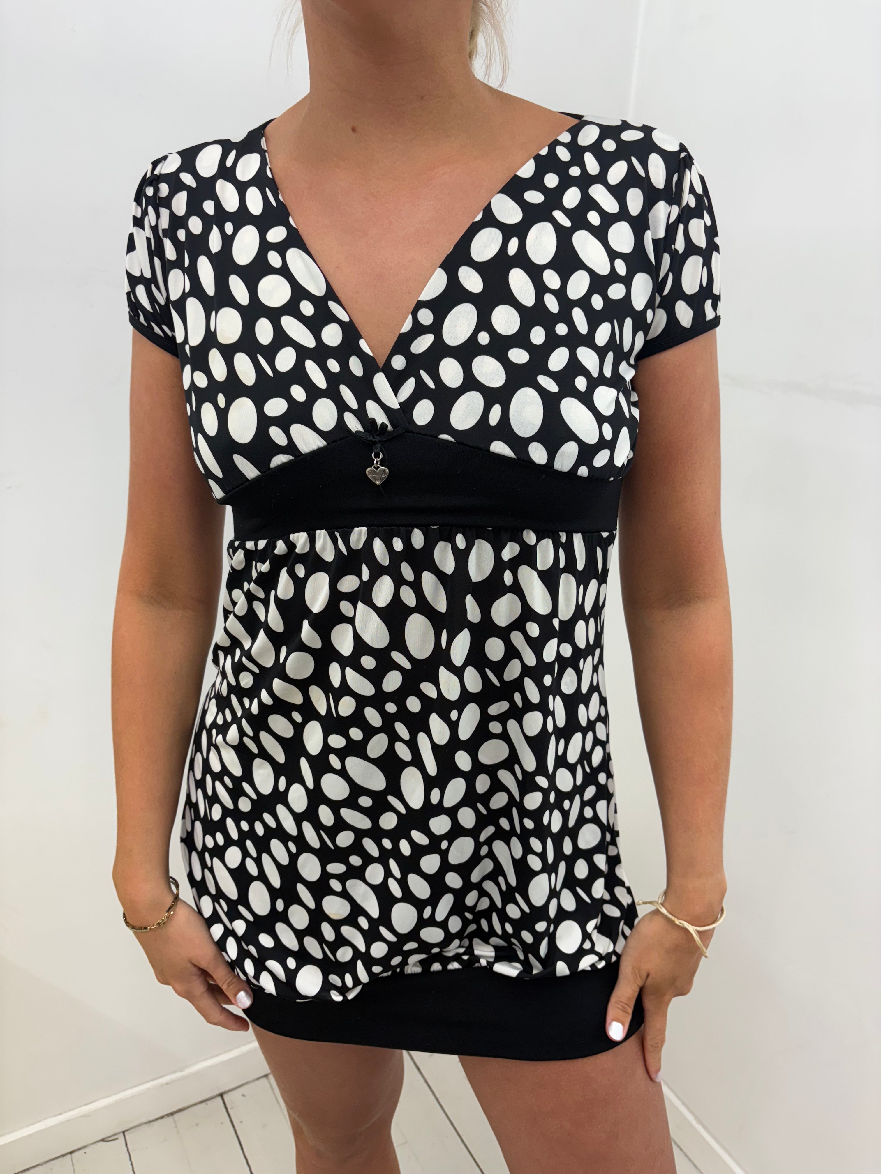 Black & White Oval Print Empire Waist Mini Dress