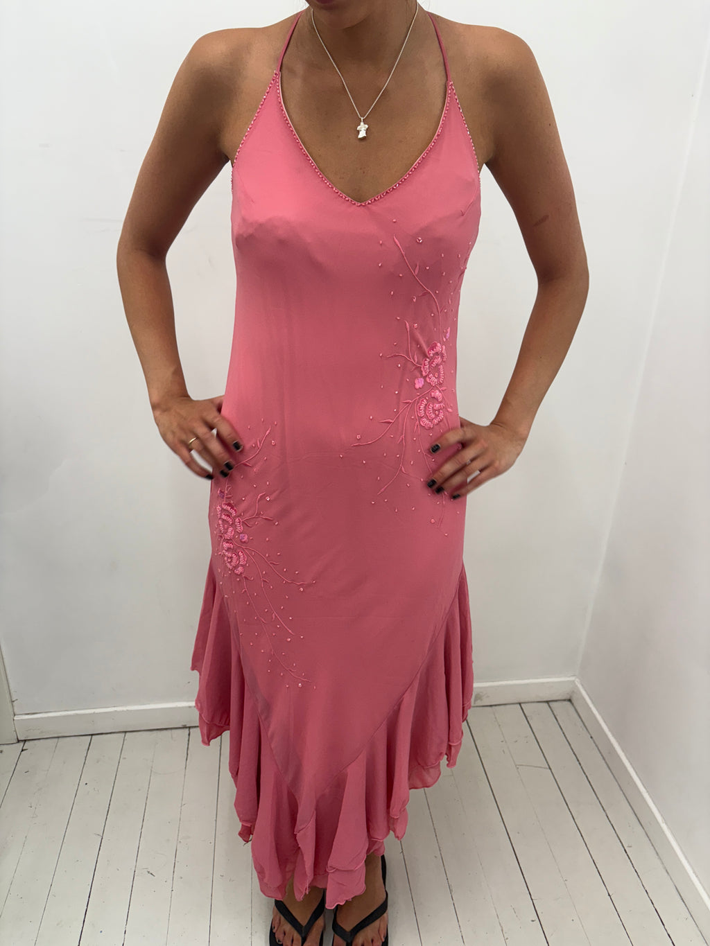 Pink Silk Slip Dress with Floral Embroidery