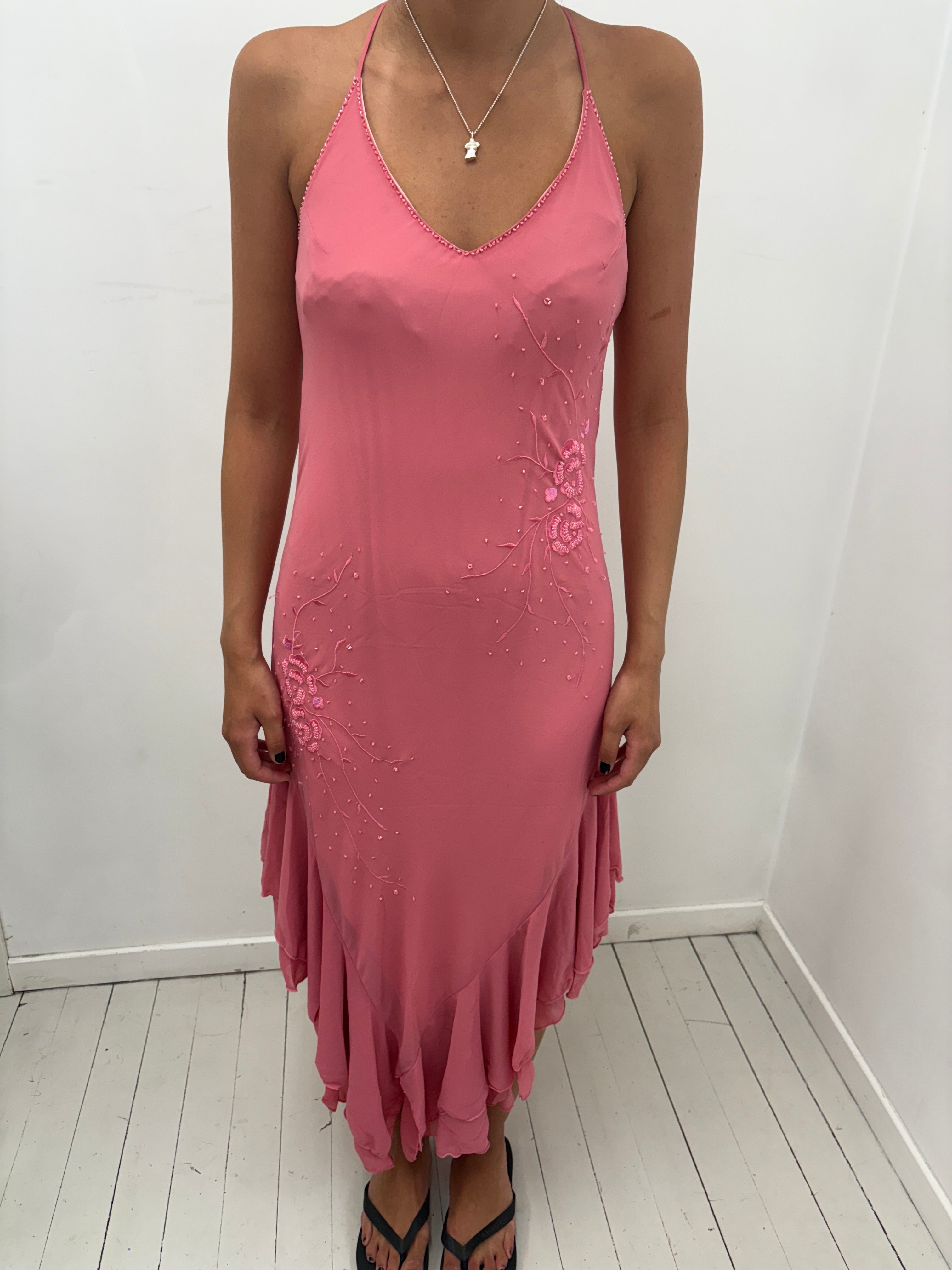 Pink Silk Slip Dress with Floral Embroidery