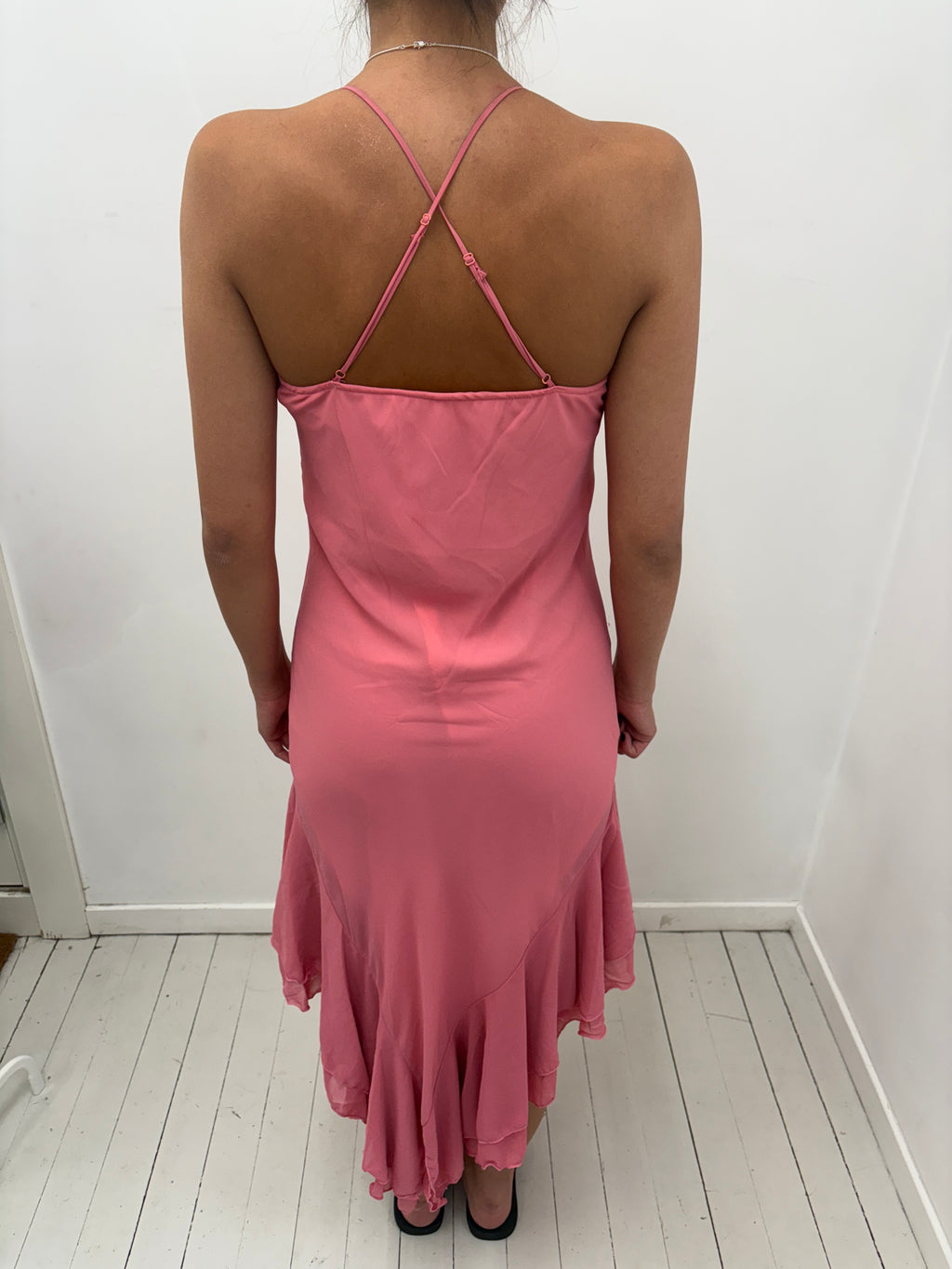 Pink Silk Slip Dress with Floral Embroidery