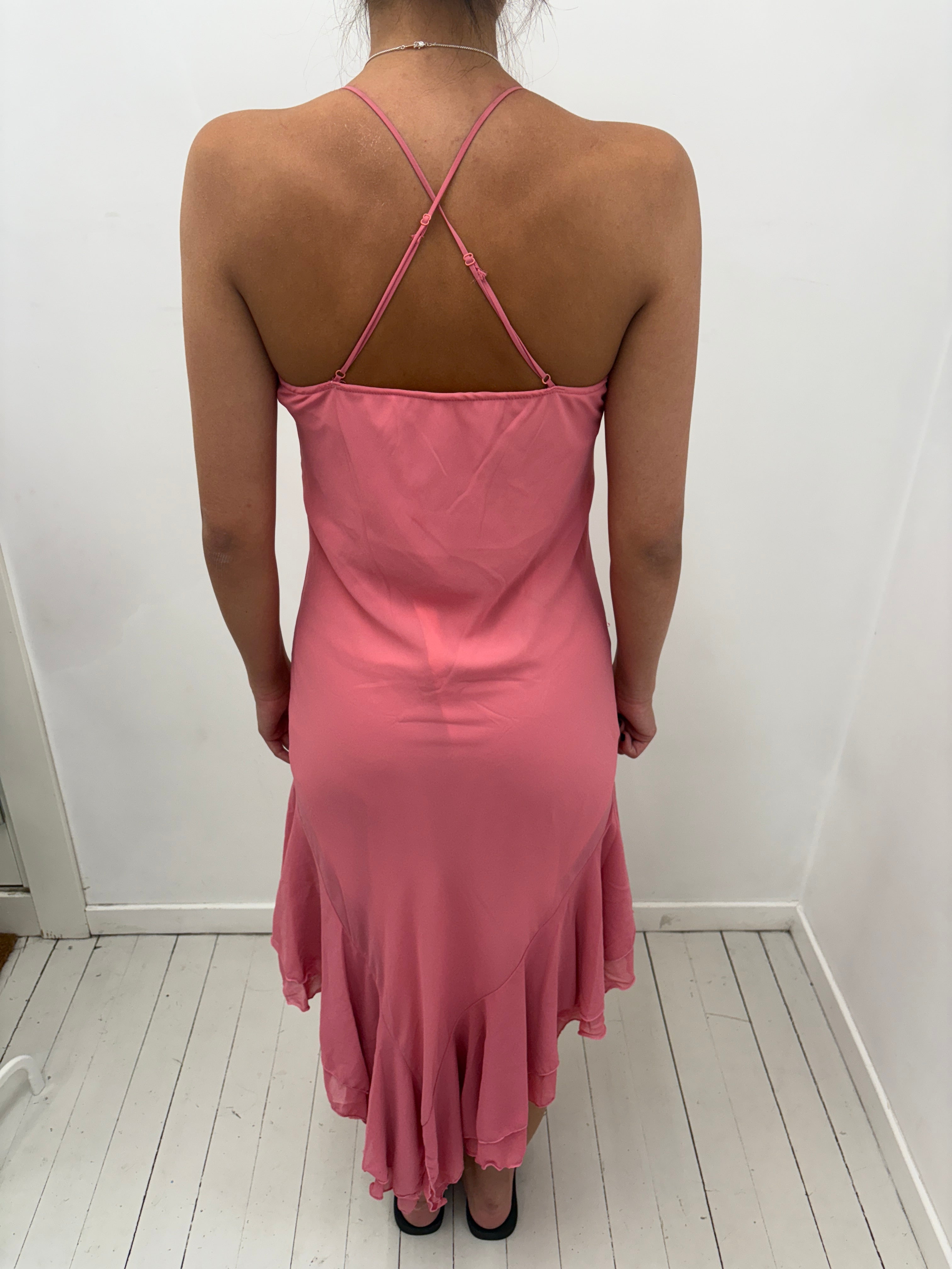 Pink Silk Slip Dress with Floral Embroidery