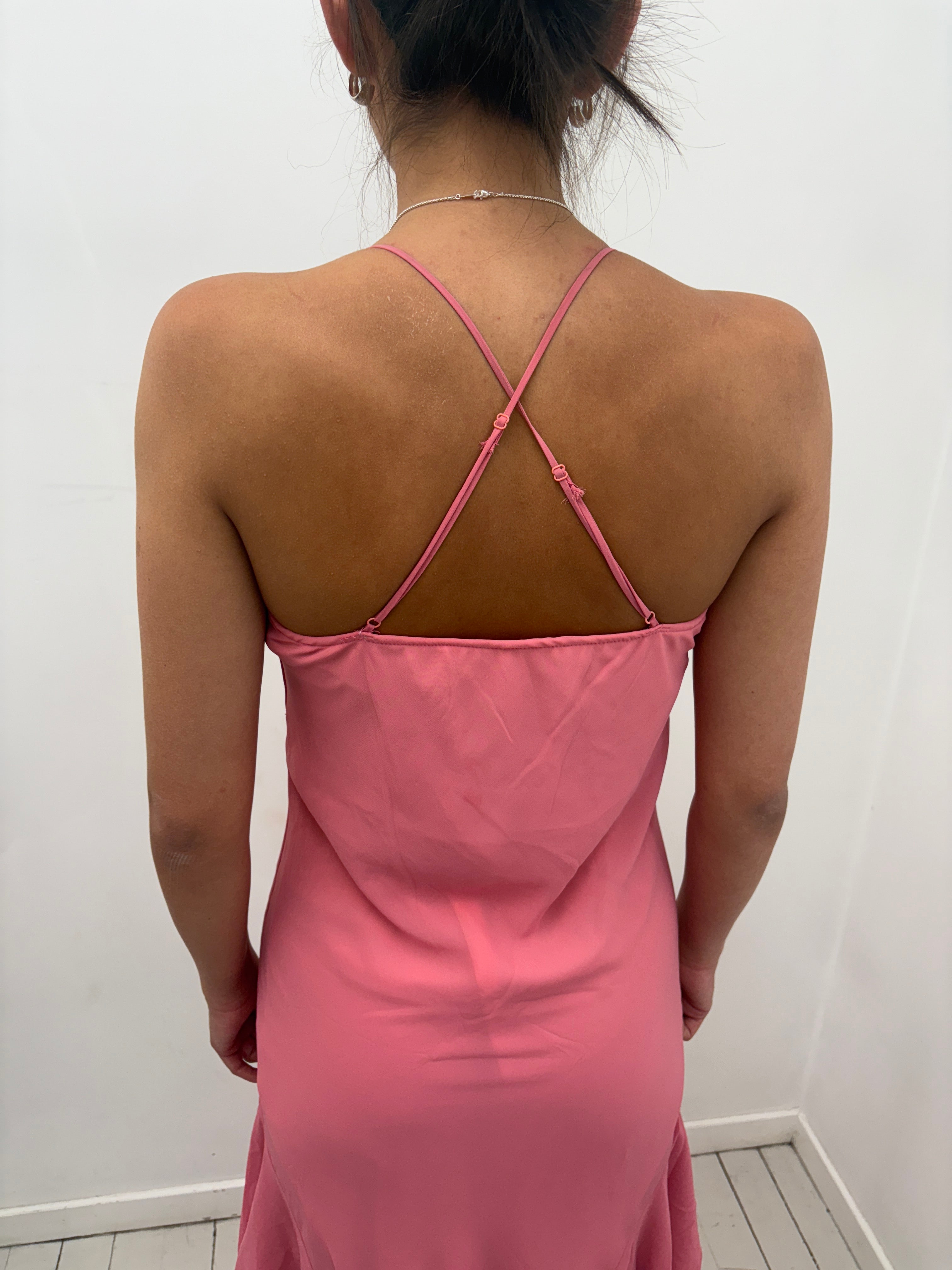 Pink Silk Slip Dress with Floral Embroidery