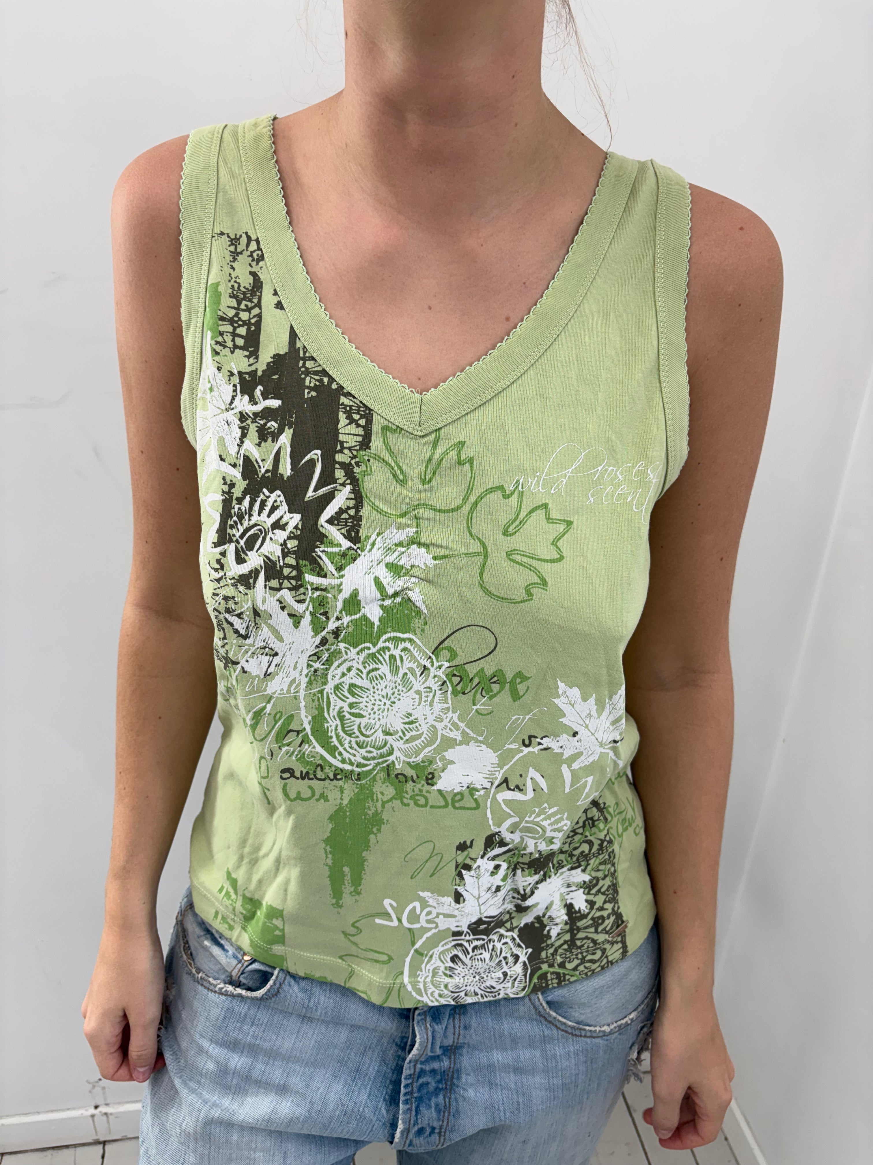 Light Green Graphic Floral Tank Top