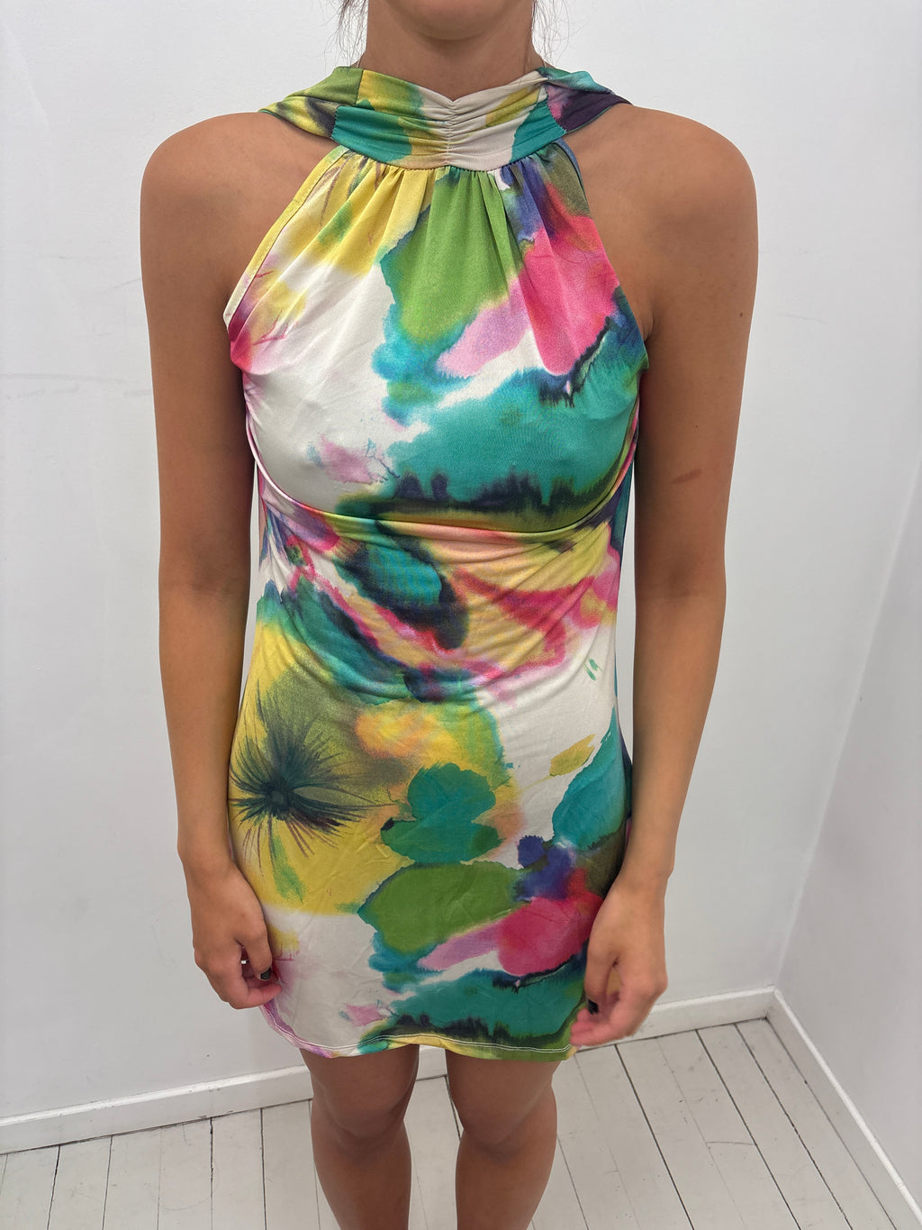 Watercolor Print Halter Dress