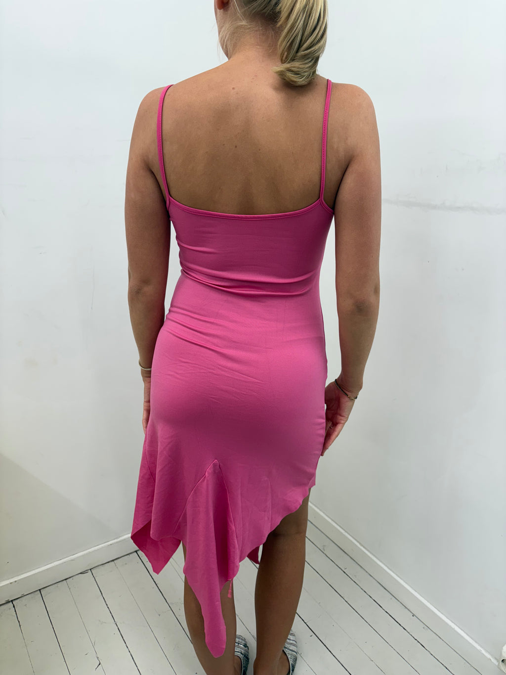 Hot Pink Spaghetti Strap Asymmetric Hem Midi Dress